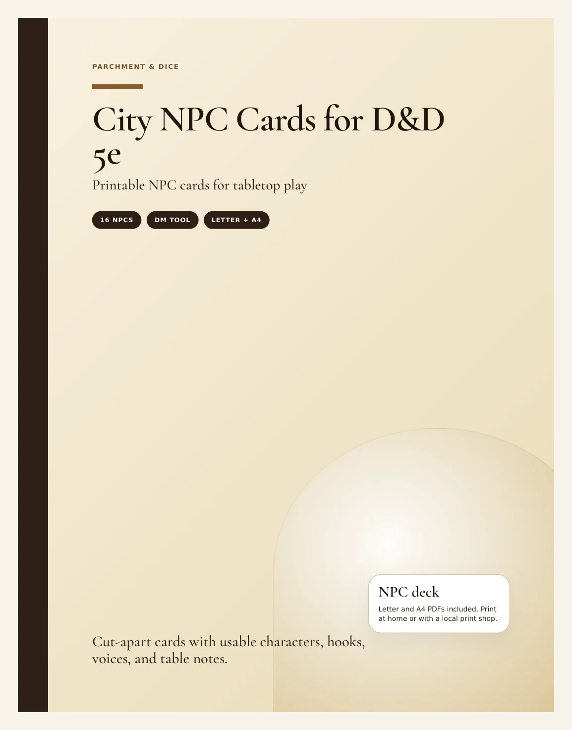 City NPC Cards for DnD 5e | 16 Ready to Drop Urban NPCs with Stat Blocks, Voice and Hooks | Printable DM Tool | A4 and Letter — Preview page 1