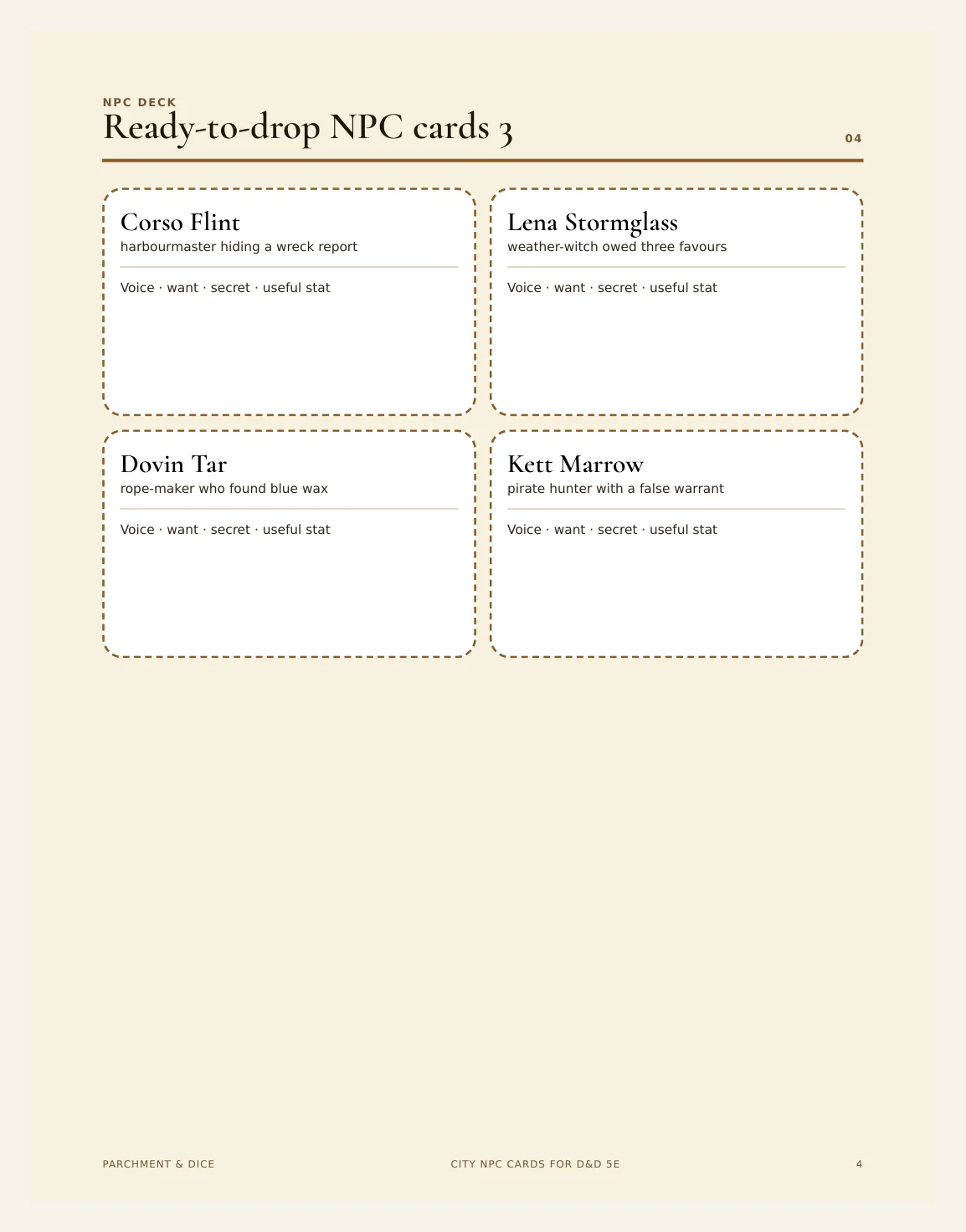 City NPC Cards for DnD 5e | 16 Ready to Drop Urban NPCs with Stat Blocks, Voice and Hooks | Printable DM Tool | A4 and Letter — Preview page 2