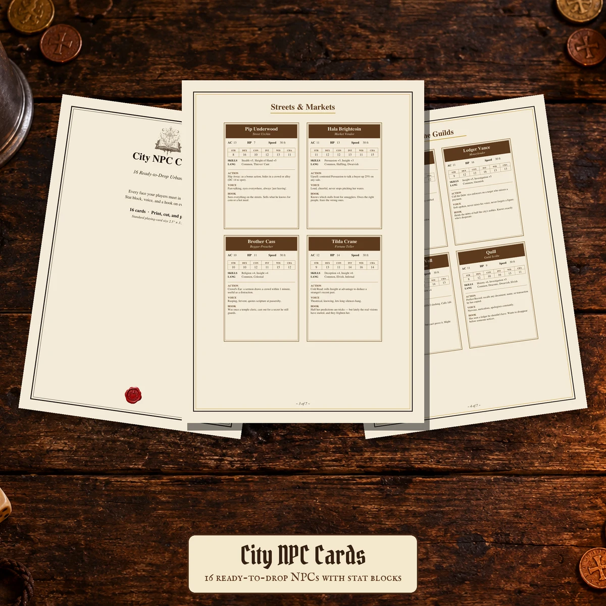 City NPC Cards for DnD 5e | 16 Ready to Drop Urban NPCs with Stat Blocks, Voice and Hooks | Printable DM Tool | A4 and Letter — 16 Ready to Drop Urban NPCs with Stat Blocks, Voice and Hooks | Printable DM Too