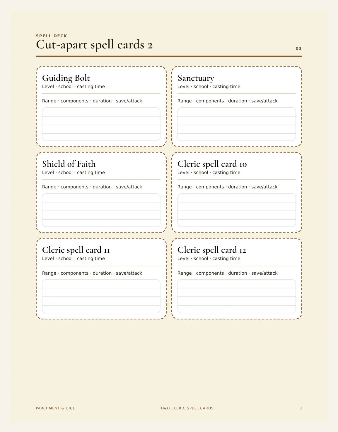 DnD Cleric Spell Cards 5e Printable PDF — Preview page 2