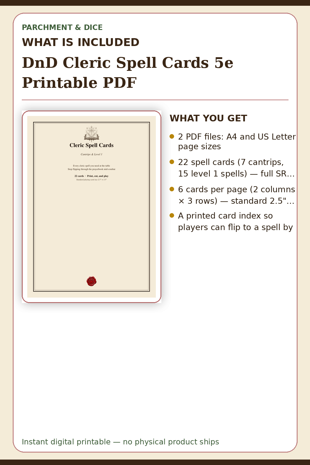 DnD Cleric Spell Cards 5e Printable PDF — What is included