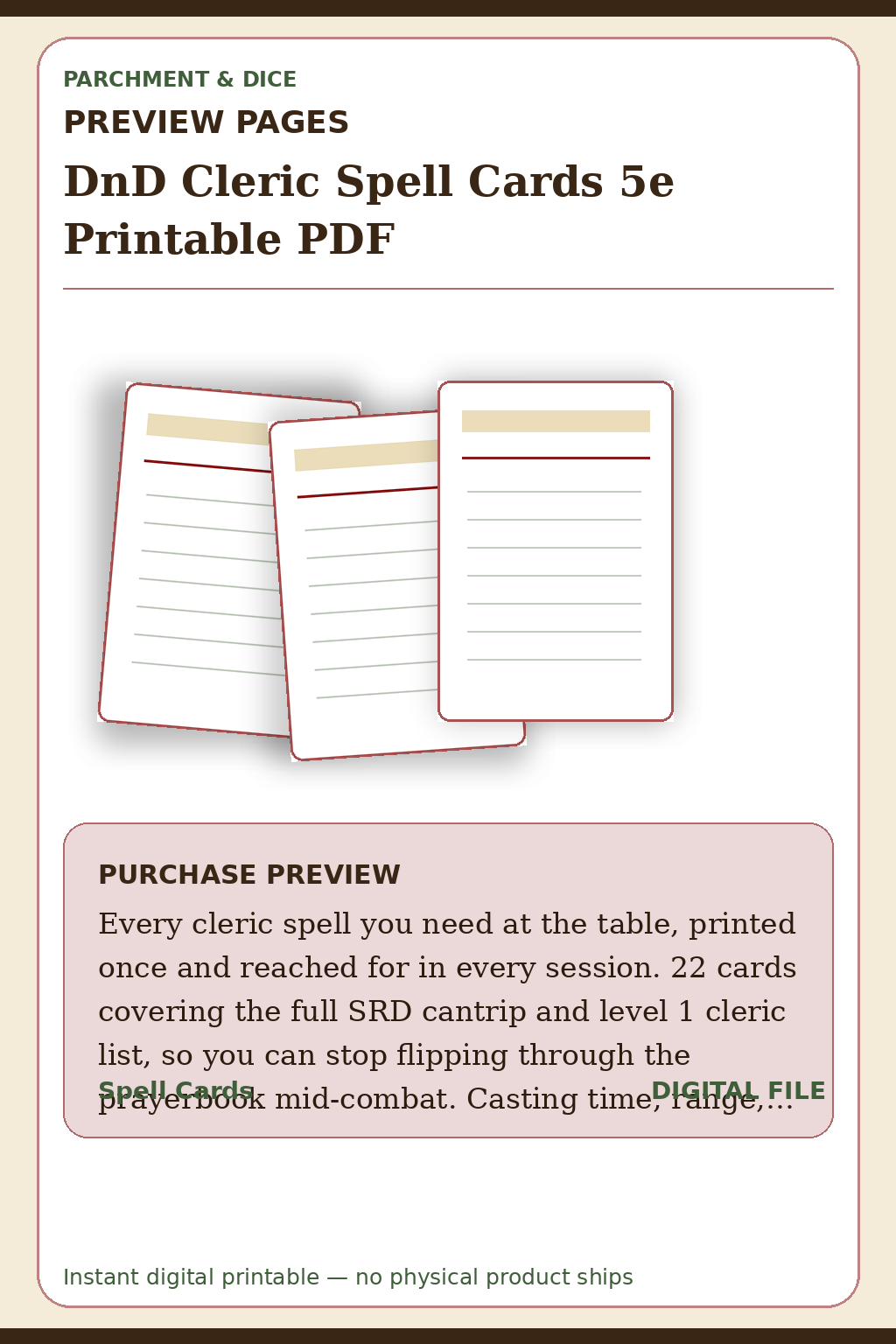 DnD Cleric Spell Cards 5e Printable PDF — Cleric Spell Cards Preview Pages
