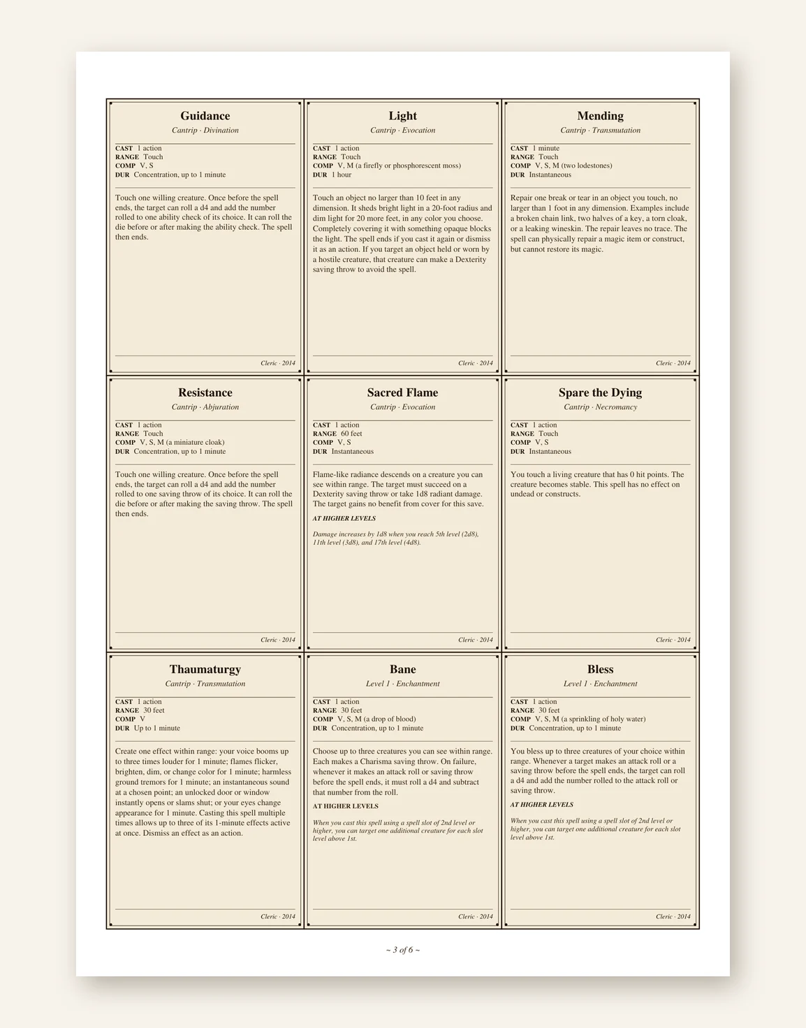 DnD Cleric Spell Cards — 22 Printable Spell Summaries — Preview page 1