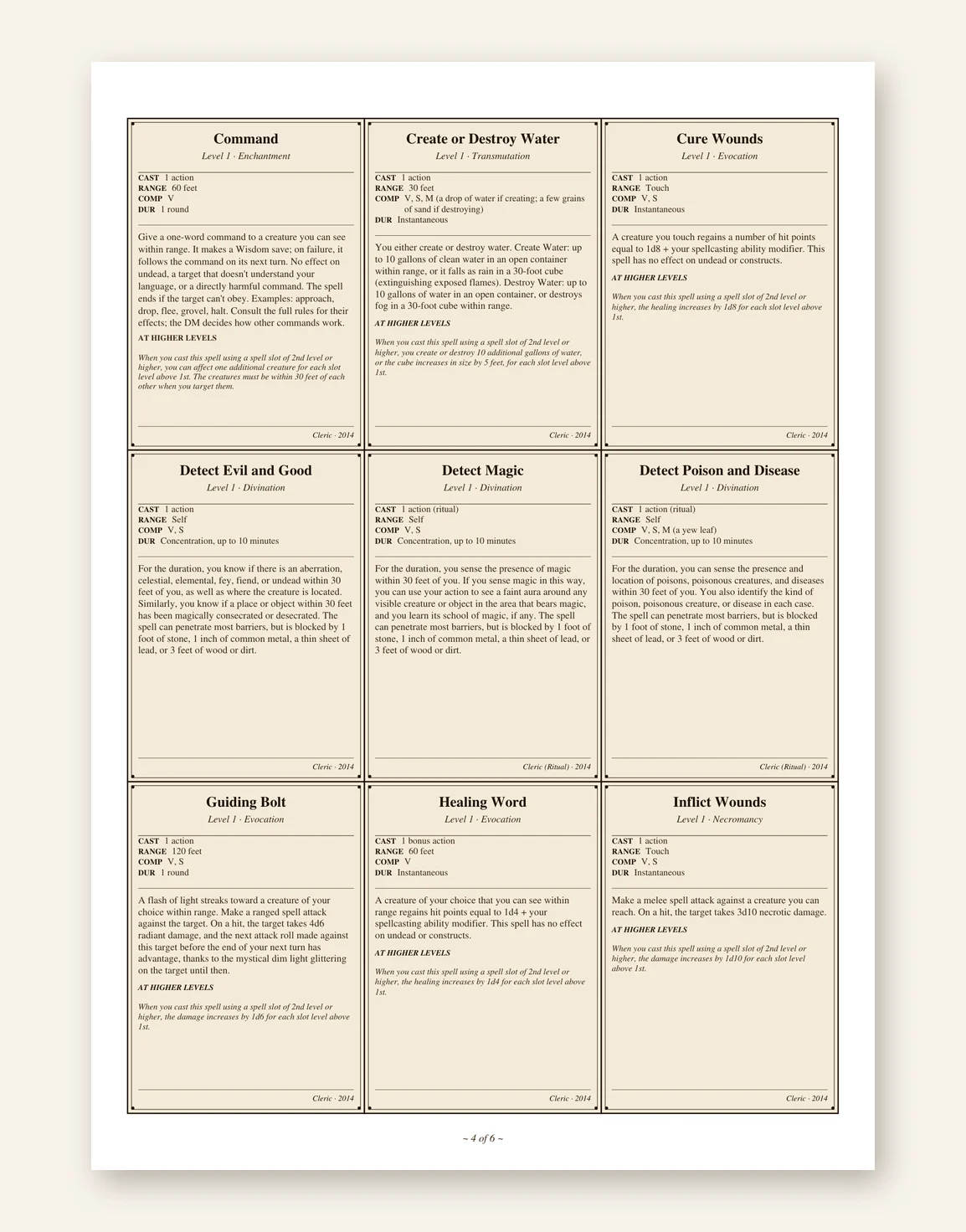 DnD Cleric Spell Cards — 22 Printable Spell Summaries — Preview page 2