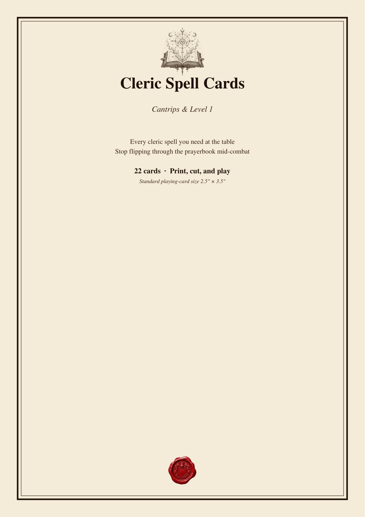 DnD Cleric Spell Cards 5e Printable PDF — All cleric cantrips + level 1 spells