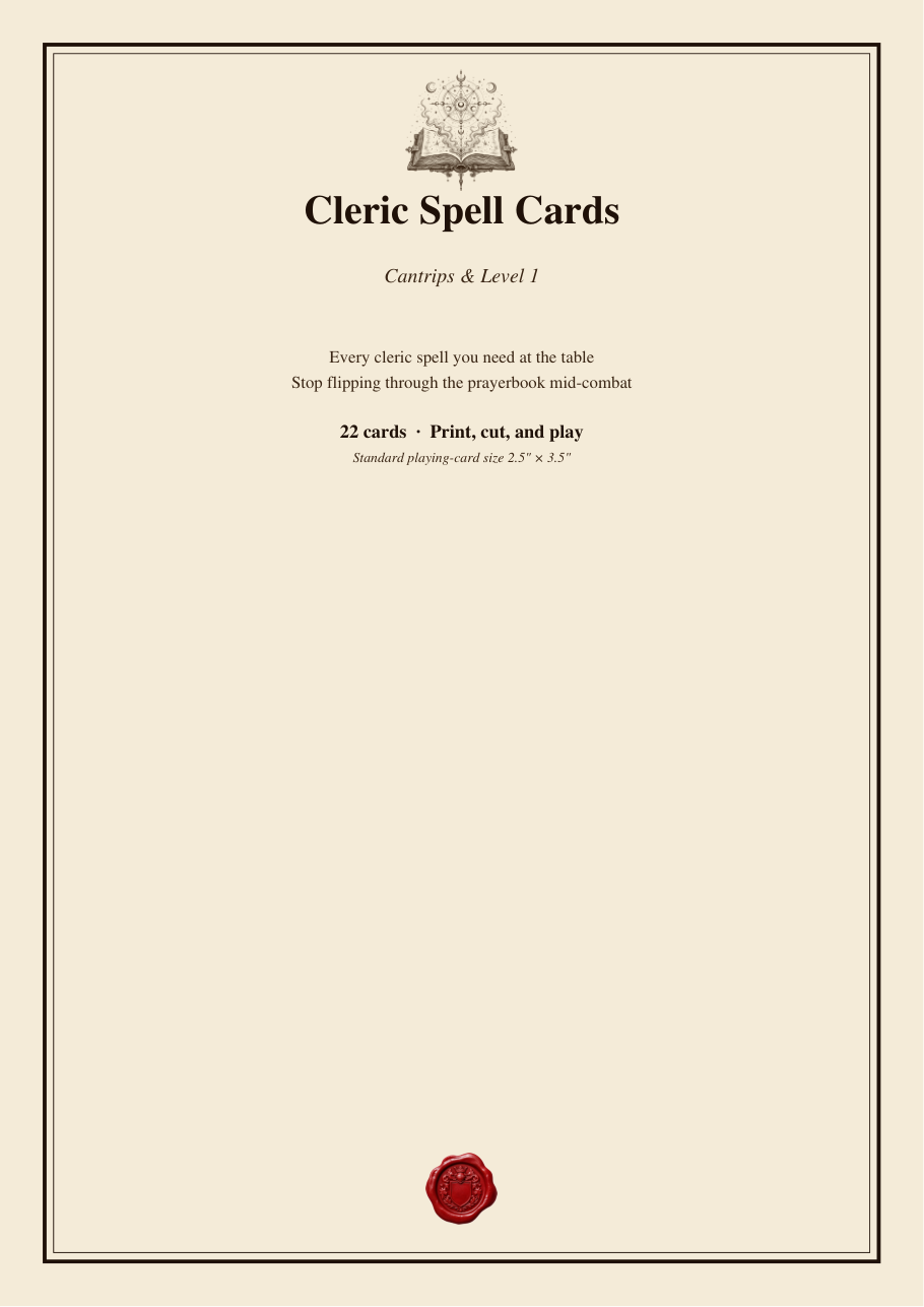 DnD Cleric Spell Cards 5e Printable PDF preview 1