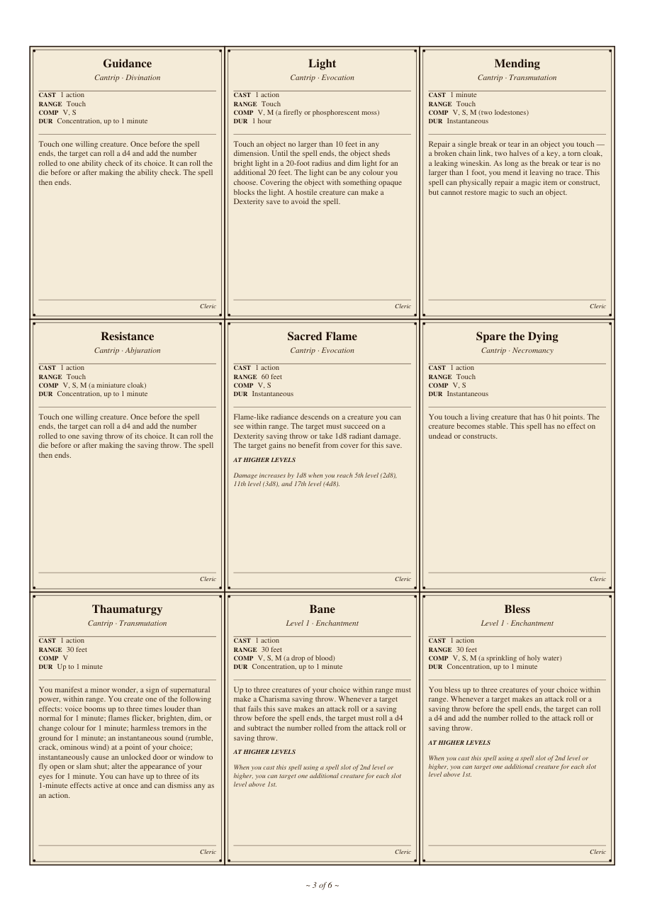 DnD Cleric Spell Cards 5e Printable PDF preview 3