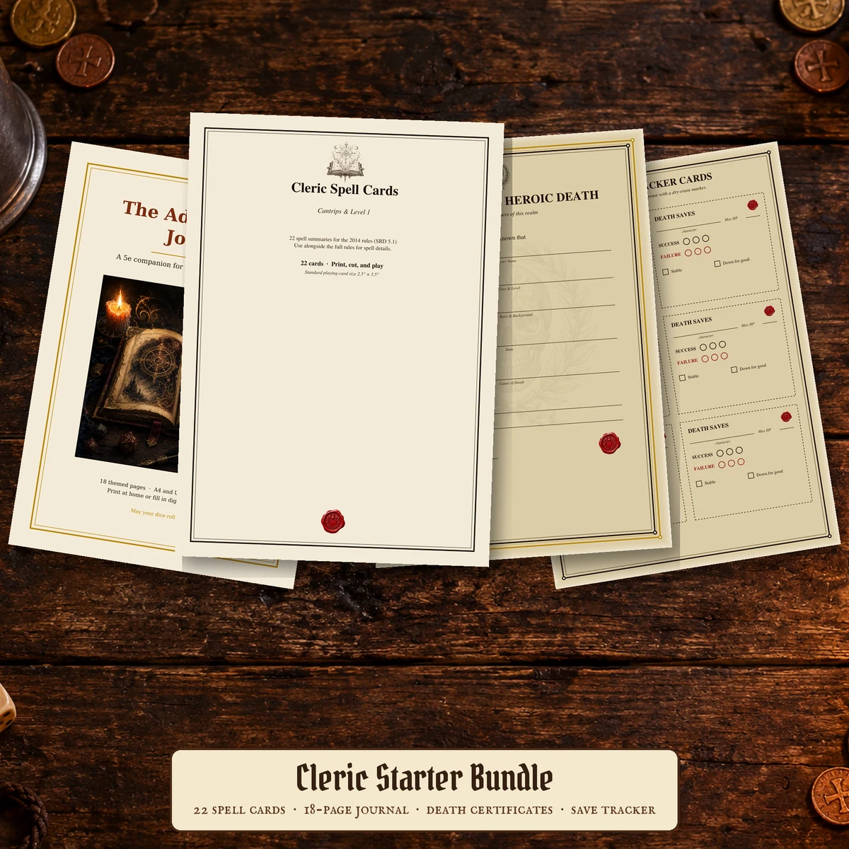 DnD Cleric Player Starter Bundle 5e Printable PDF | Spell Cards Character Journal Death Save Tracker | New Player Gift — Spell Cards Character Journal Death Save Tracker | New Player Gift