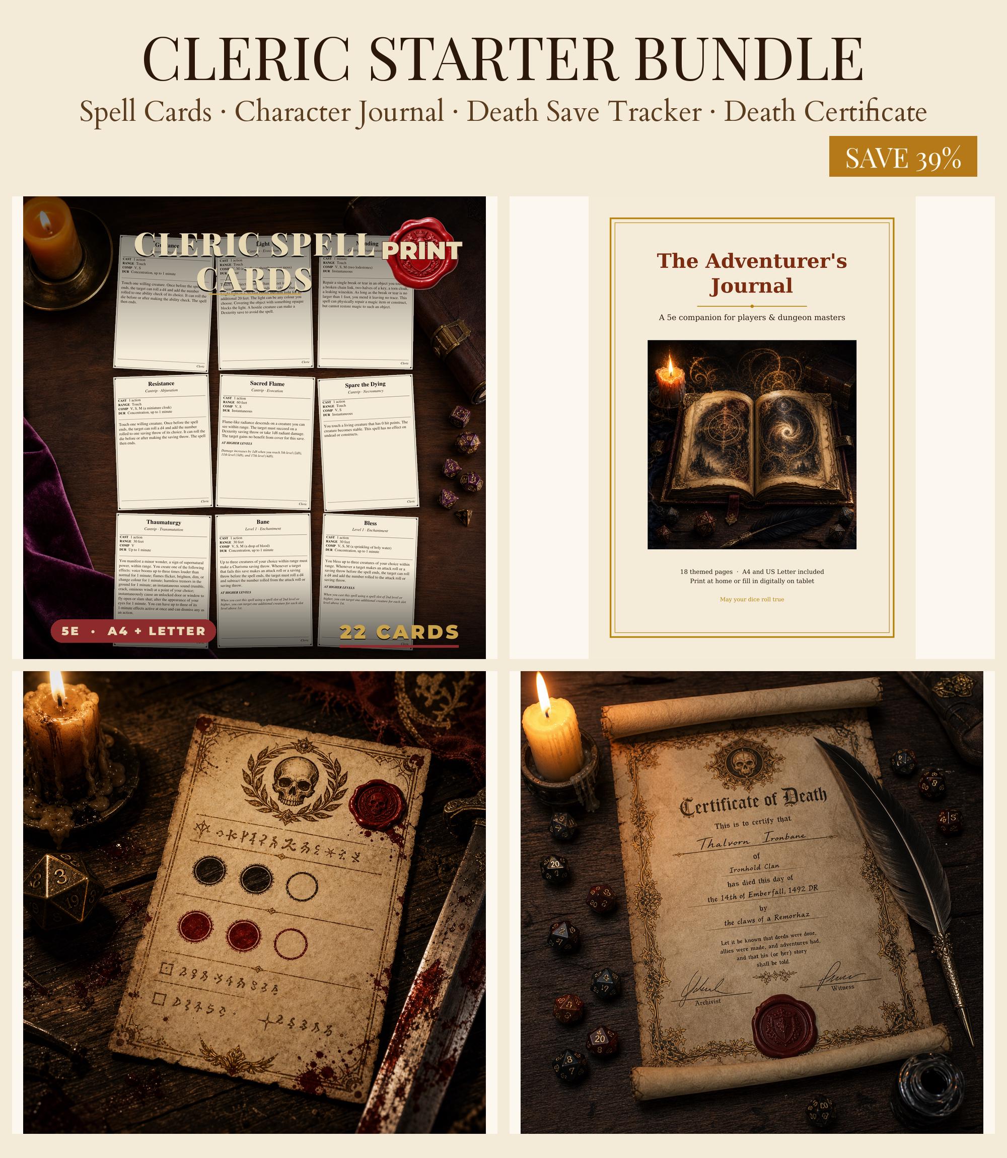 DnD Cleric Player Starter Bundle 5e Printable PDF | Spell Cards Character Journal Death Save Tracker | New Player Gift — Spell Cards Character Journal Death Save Tracker | New Player Gift