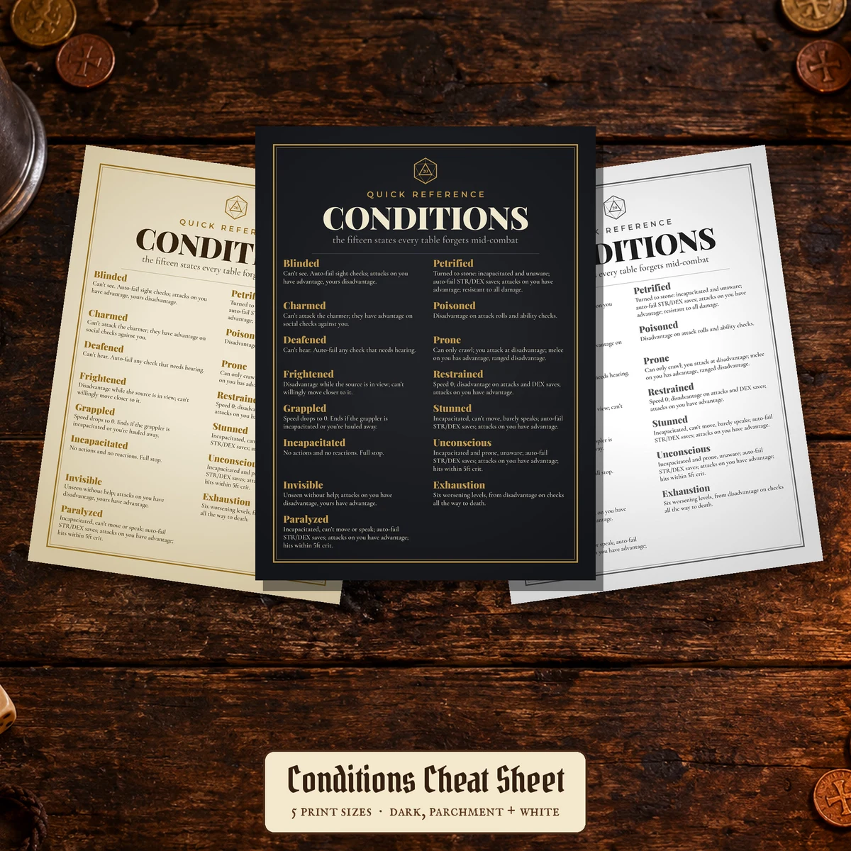 DnD Conditions Cheat Sheet - Dungeons and Dragons Reference Print - DM Quick Reference Wall Art - 5e Game Room Poster - Instant Download — Dungeons and Dragons Reference Print - DM Quick Reference Wall Art - 5e Game Roo
