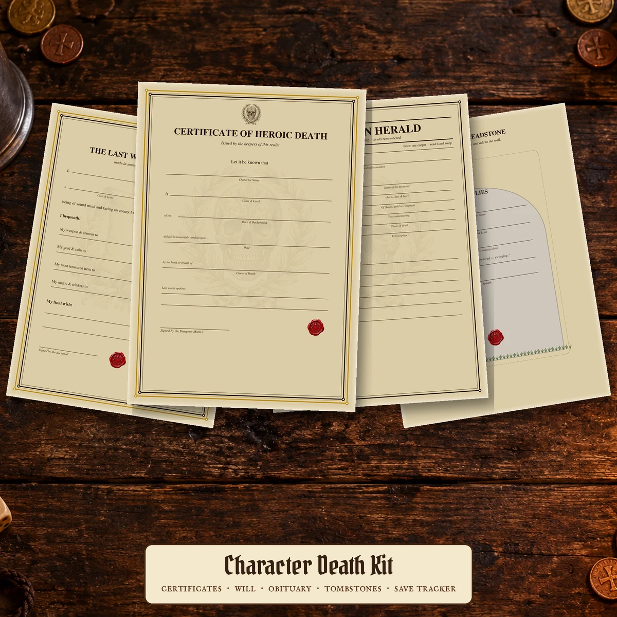 DnD Character Death Kit 5e Printable PDF | Death Certificate Last Will Tombstone Obituary Save Tracker | Funny DM Gift — Death Certificate Last Will Tombstone Obituary Save Tracker | Funny DM Gift