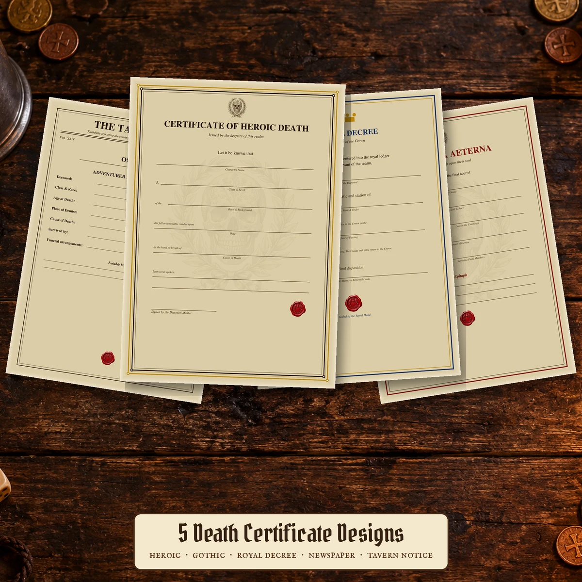 DnD Death Certificate Printable — Five character death certificate designs