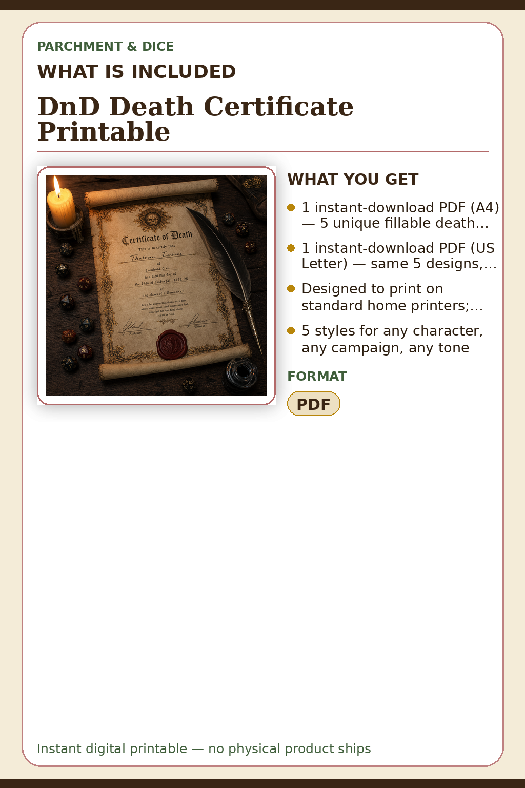DnD Death Certificate Printable — What is included