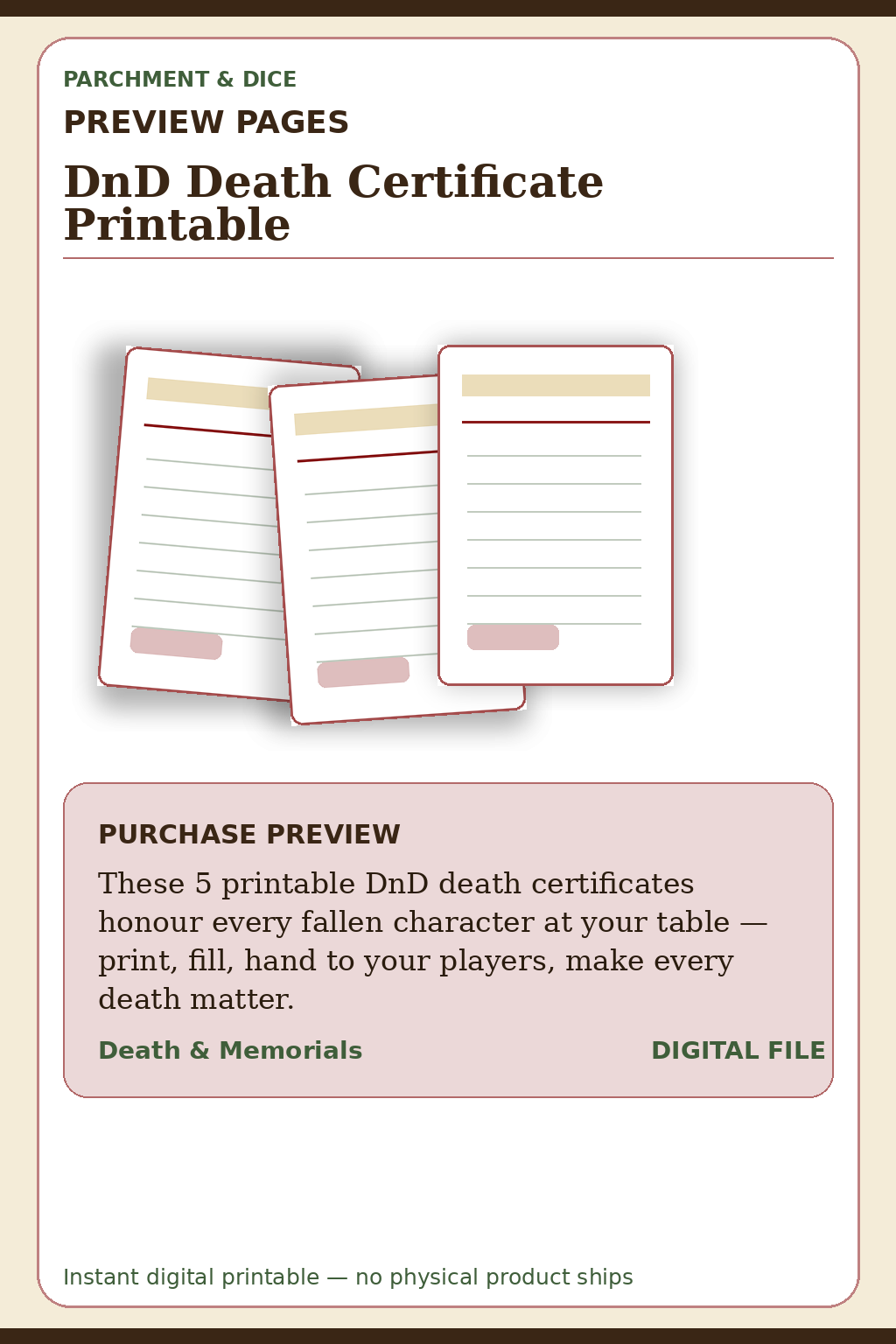 DnD Death Certificate Printable — Death Preview Pages