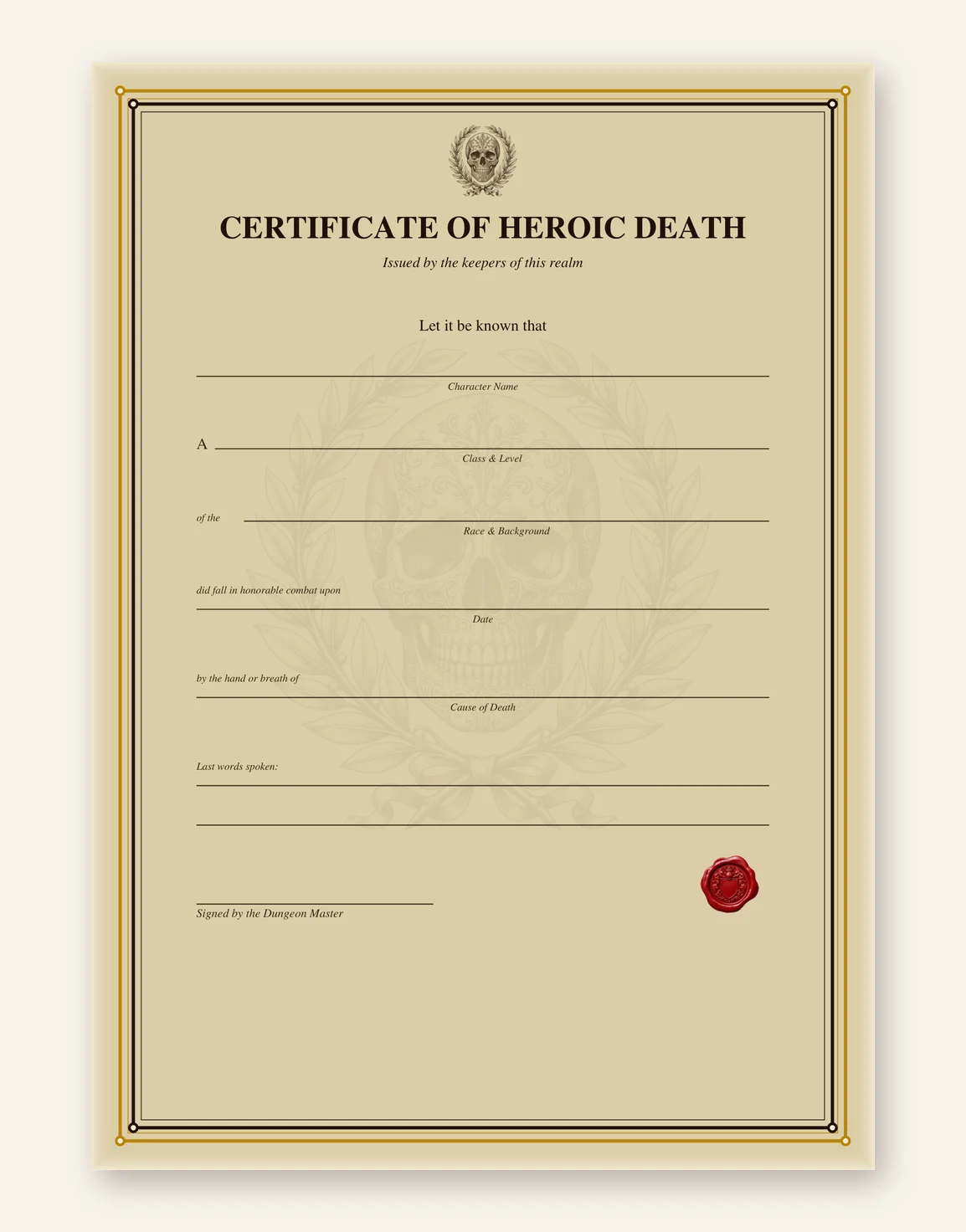 DnD Death Certificate Printable — Preview page 1