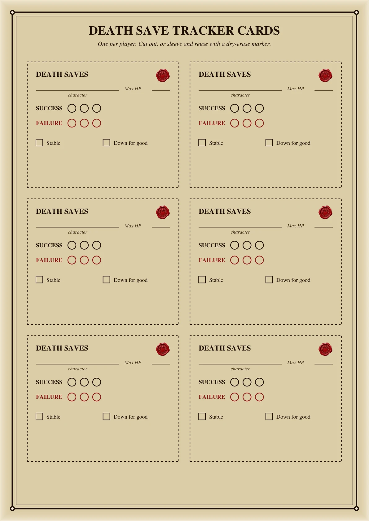 DnD Death Saving Throw Tracker Printable — Preview page 1