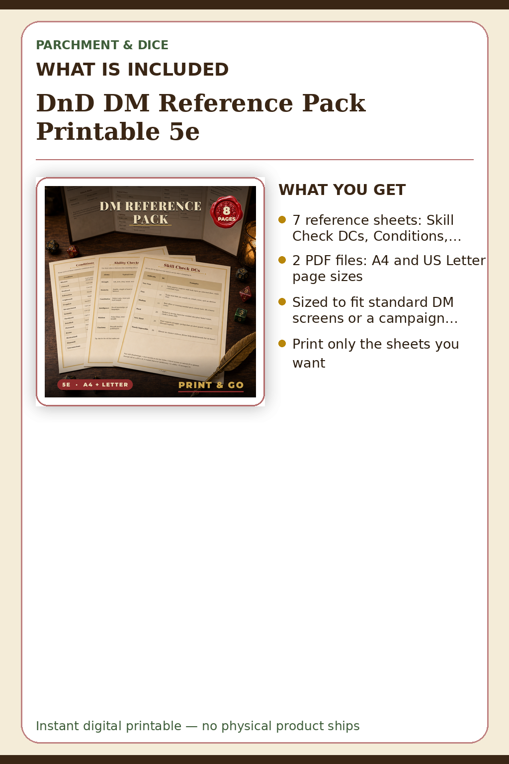 DnD DM Reference Pack Printable 5e — What is included