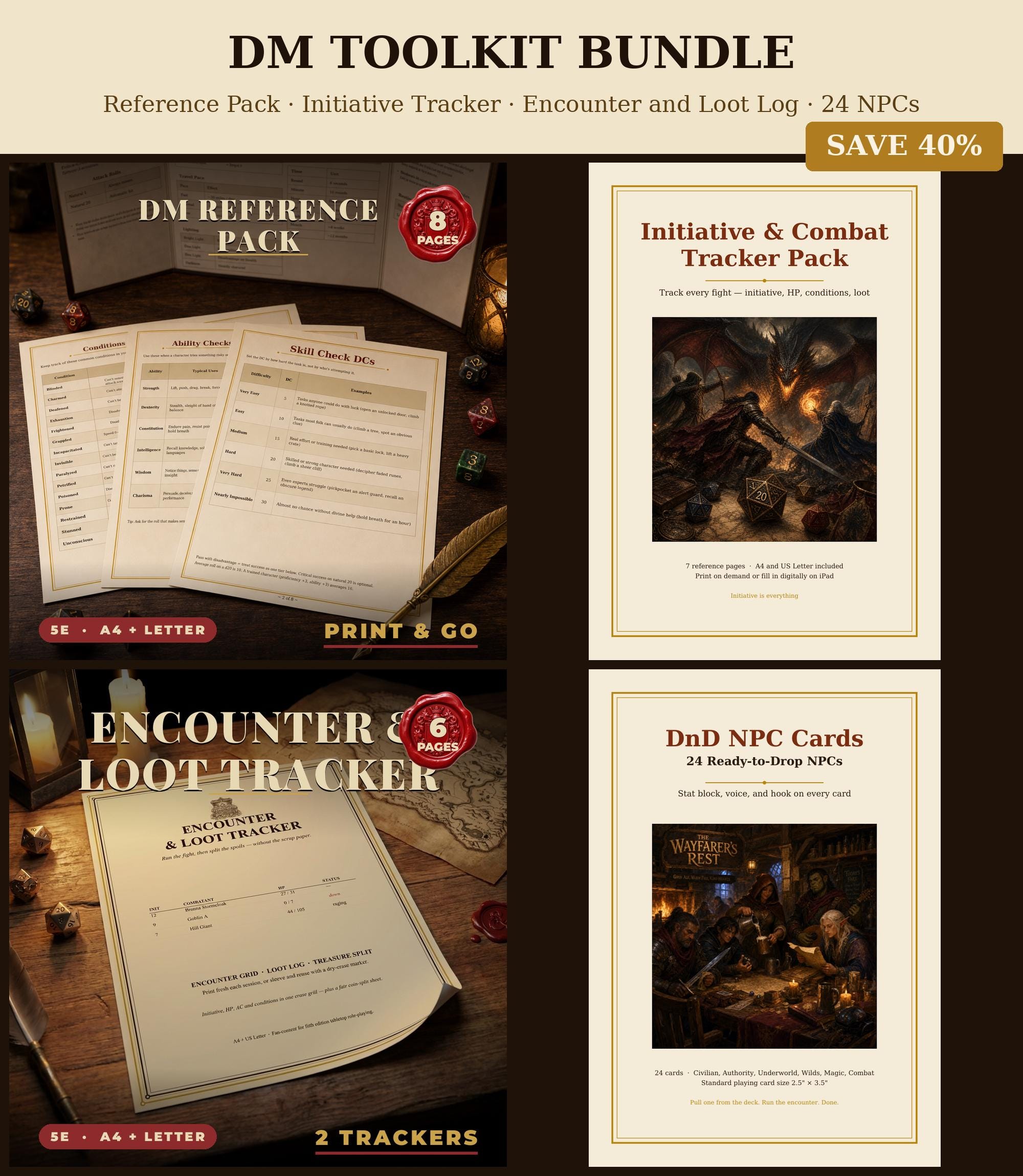 DnD DM Toolkit Bundle 5e Printable Pdf | Reference Pack Initiative Tracker Encounter Loot Log Npc Cards | New Dungeon Master Gift — Reference Pack Initiative Tracker Encounter Loot Log Npc Cards | New Dungeon Mas