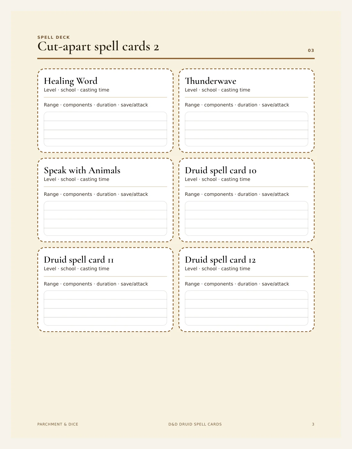 DnD Druid Spell Cards 5e Printable PDF — Preview page 2
