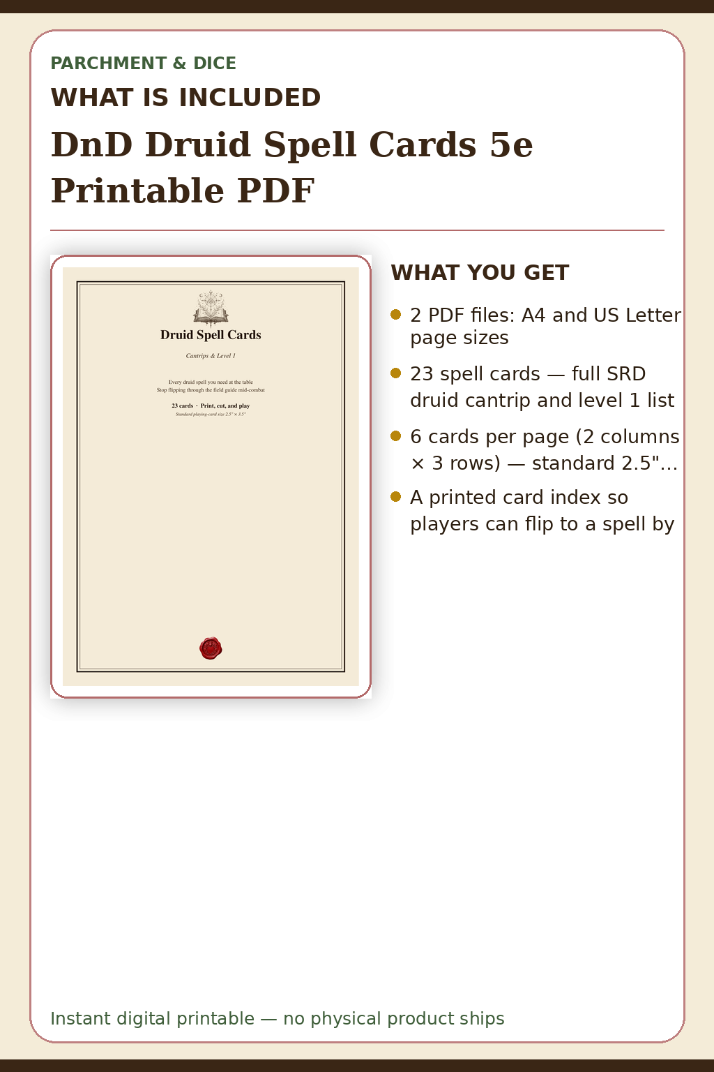 DnD Druid Spell Cards 5e Printable PDF — What is included