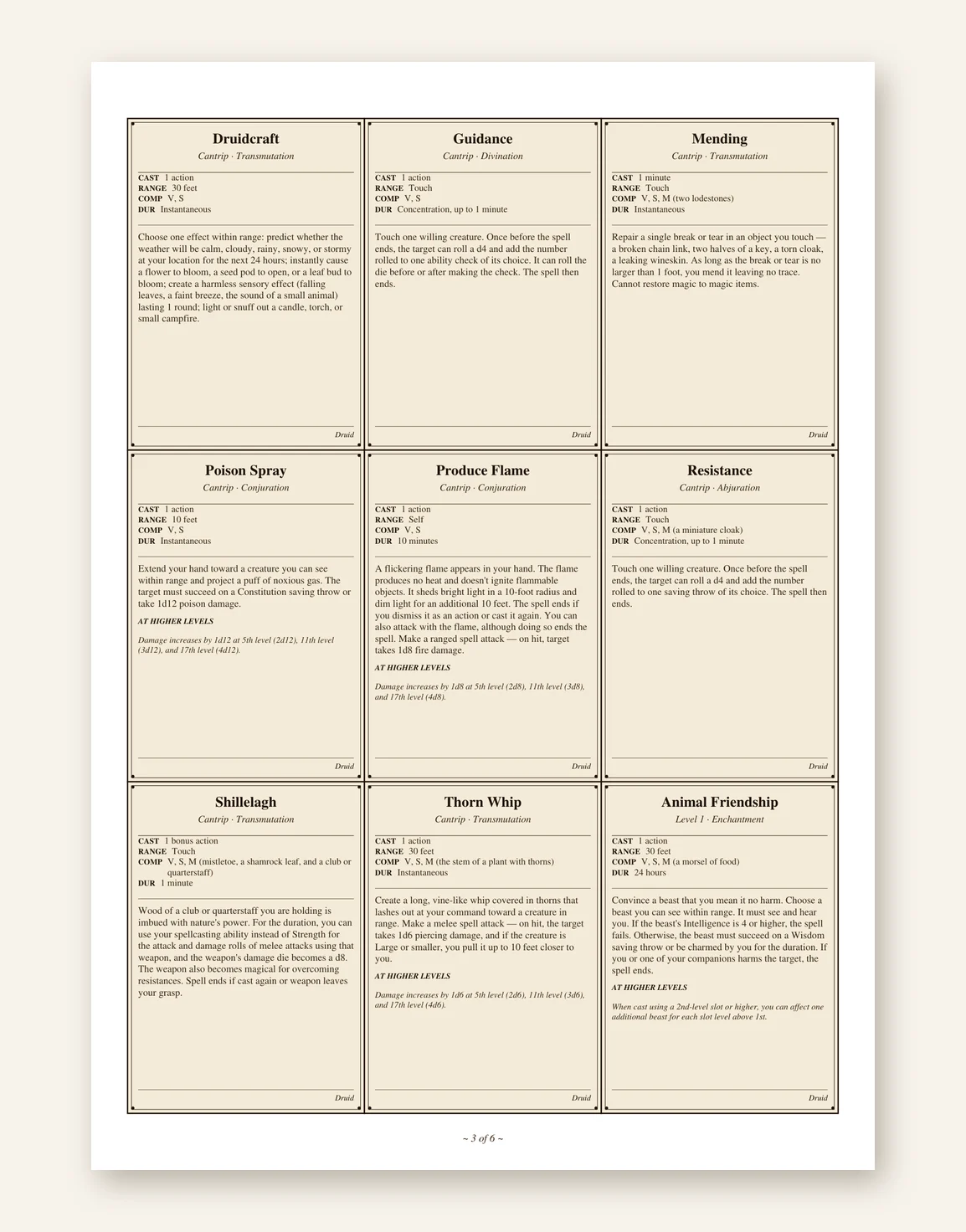DnD Druid Spell Cards 5e Printable PDF — Preview page 1