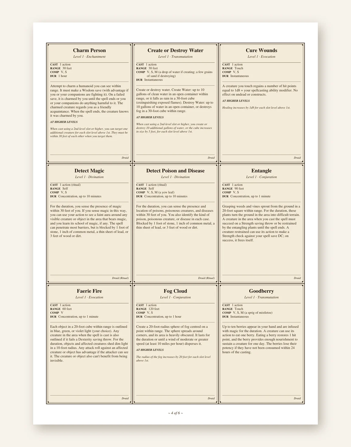 DnD Druid Spell Cards 5e Printable PDF — Preview page 2