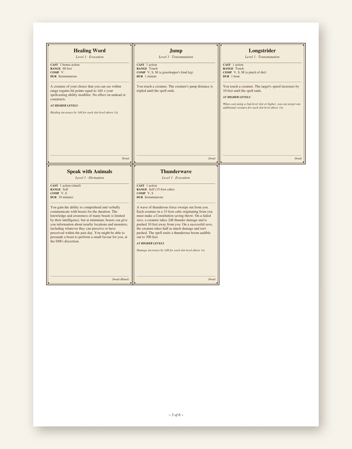 DnD Druid Spell Cards 5e Printable PDF — Preview page 3