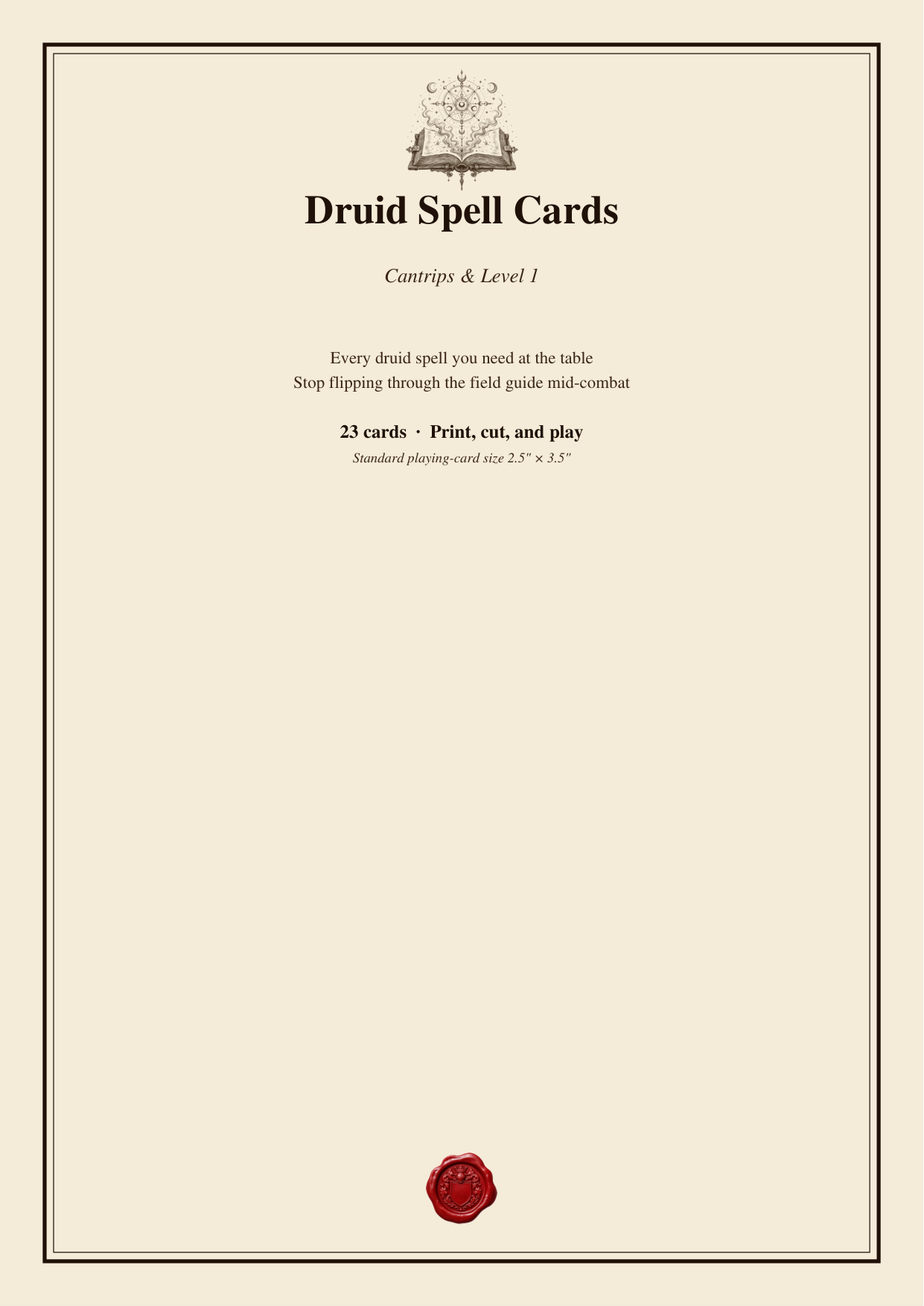 DnD Druid Spell Cards 5e Printable PDF — All druid cantrips + level 1 spells