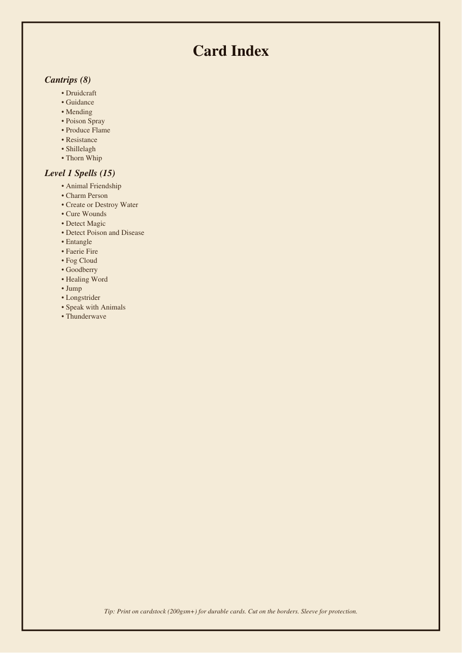 DnD Druid Spell Cards 5e Printable PDF preview 2