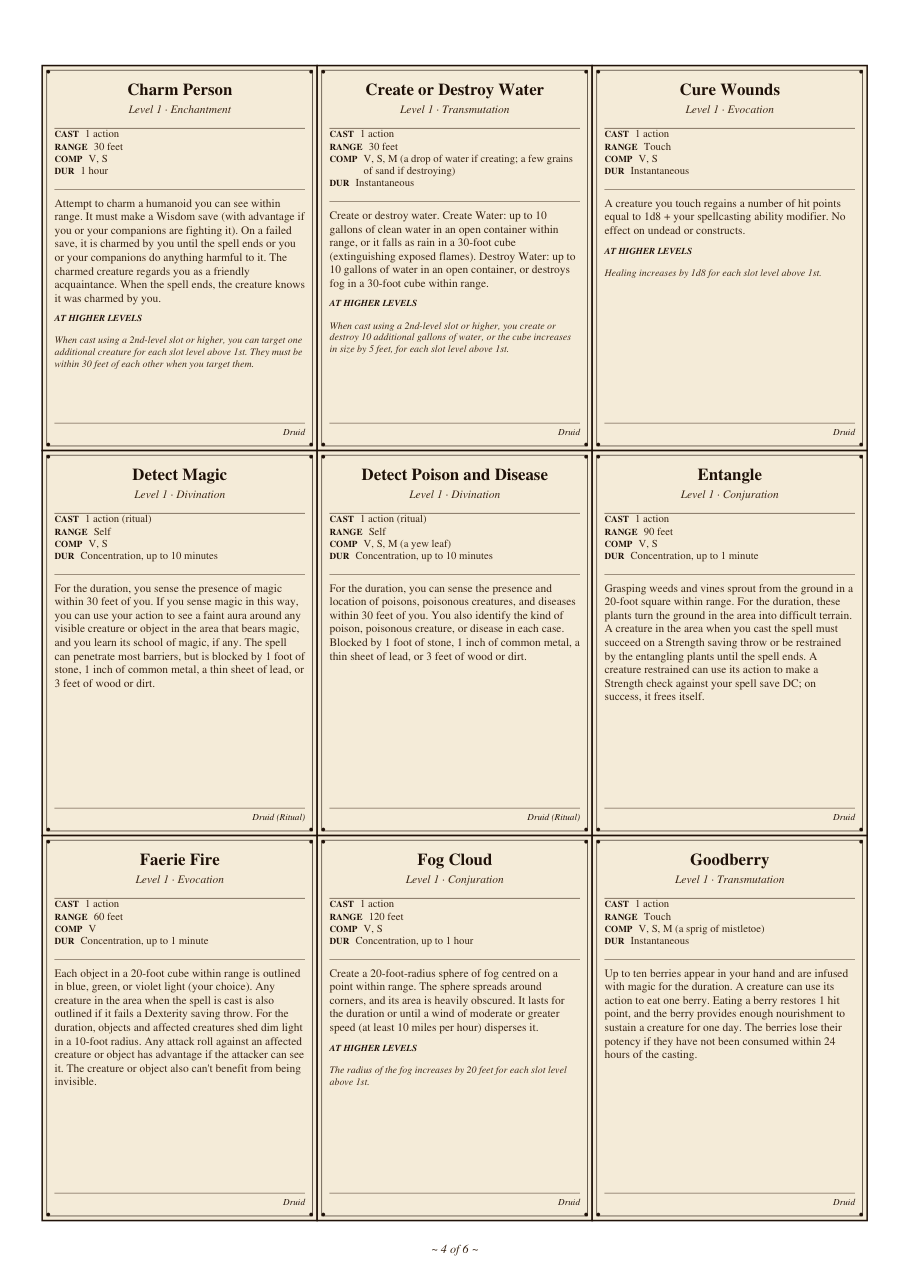 DnD Druid Spell Cards 5e Printable PDF preview 4