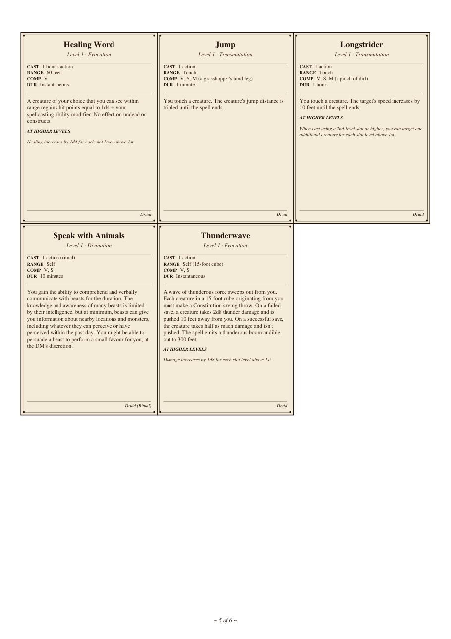 DnD Druid Spell Cards 5e Printable PDF preview 5