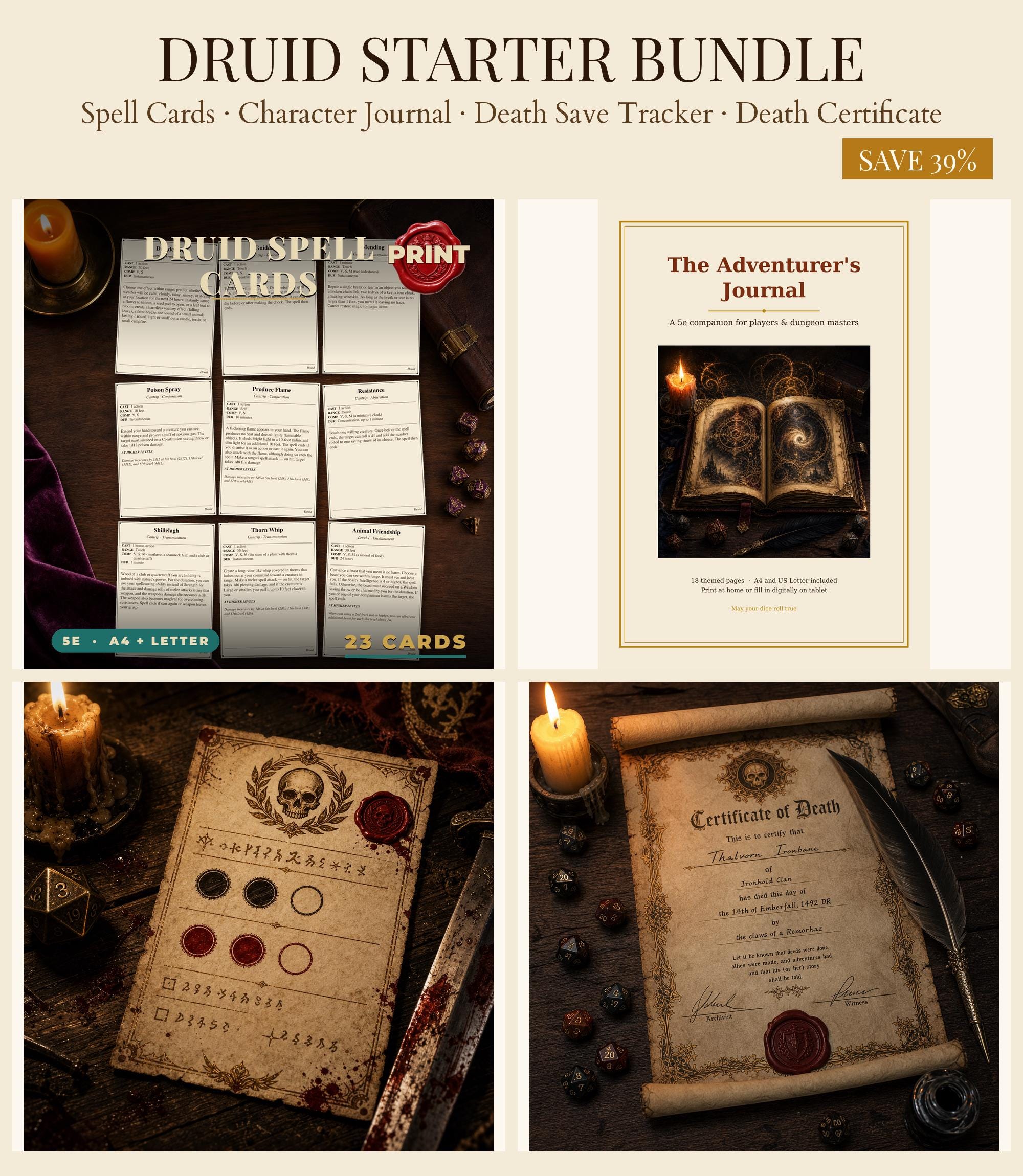 DnD Druid Player Starter Bundle 5e Printable PDF | Spell Cards Character Journal Death Save Tracker | New Player Gift — Spell Cards Character Journal Death Save Tracker | New Player Gift