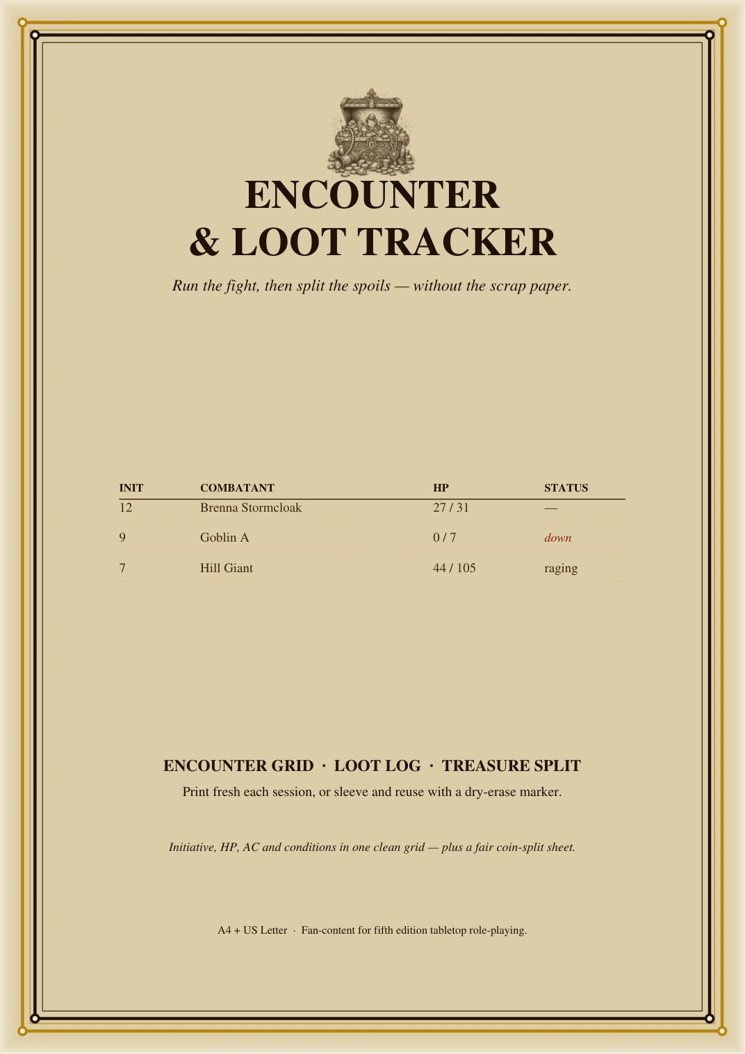 DnD Encounter and Loot Tracker Printable — Track initiative, log loot and work out each party member’s share.