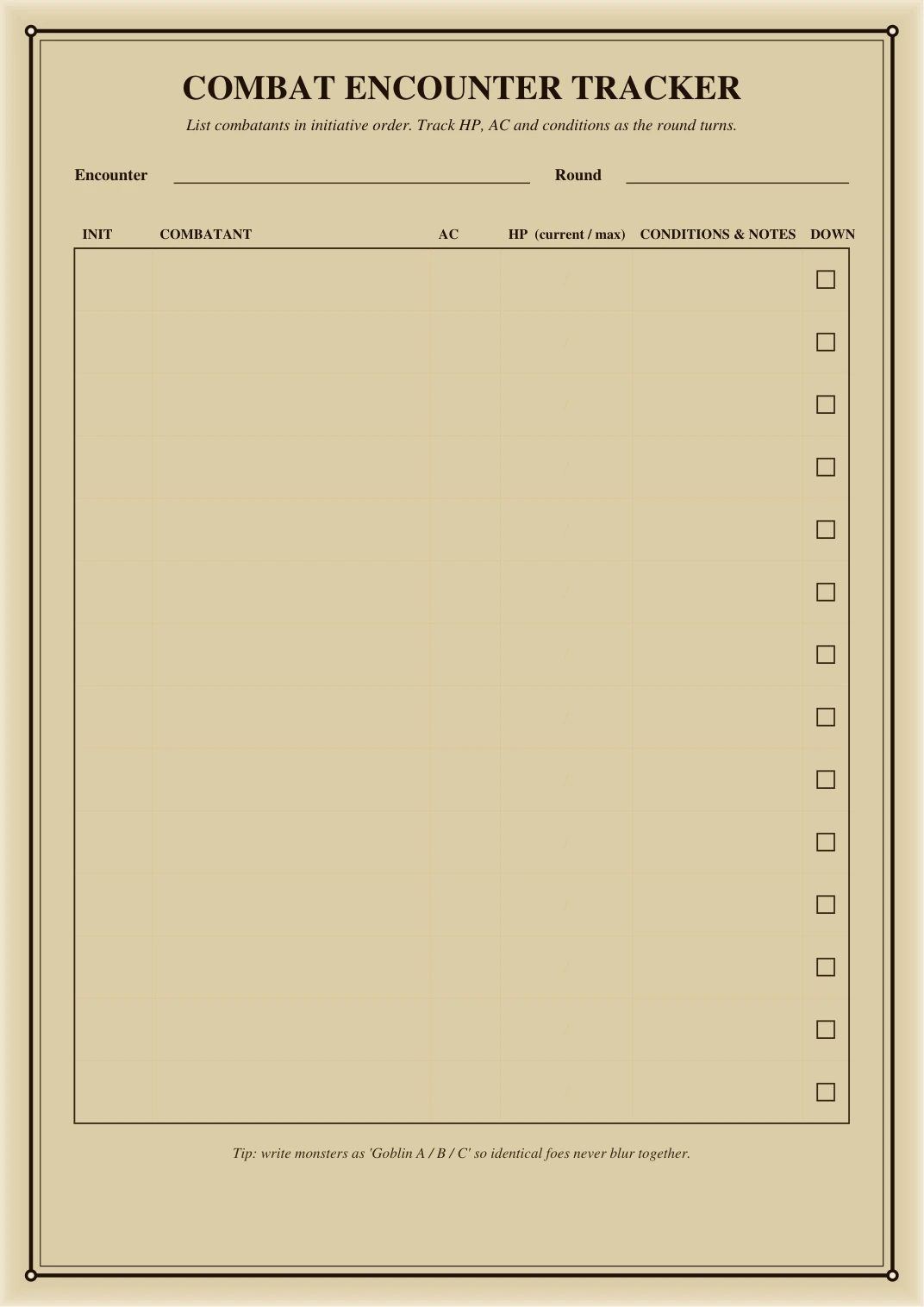 DnD Encounter and Loot Tracker Printable — Preview page 1