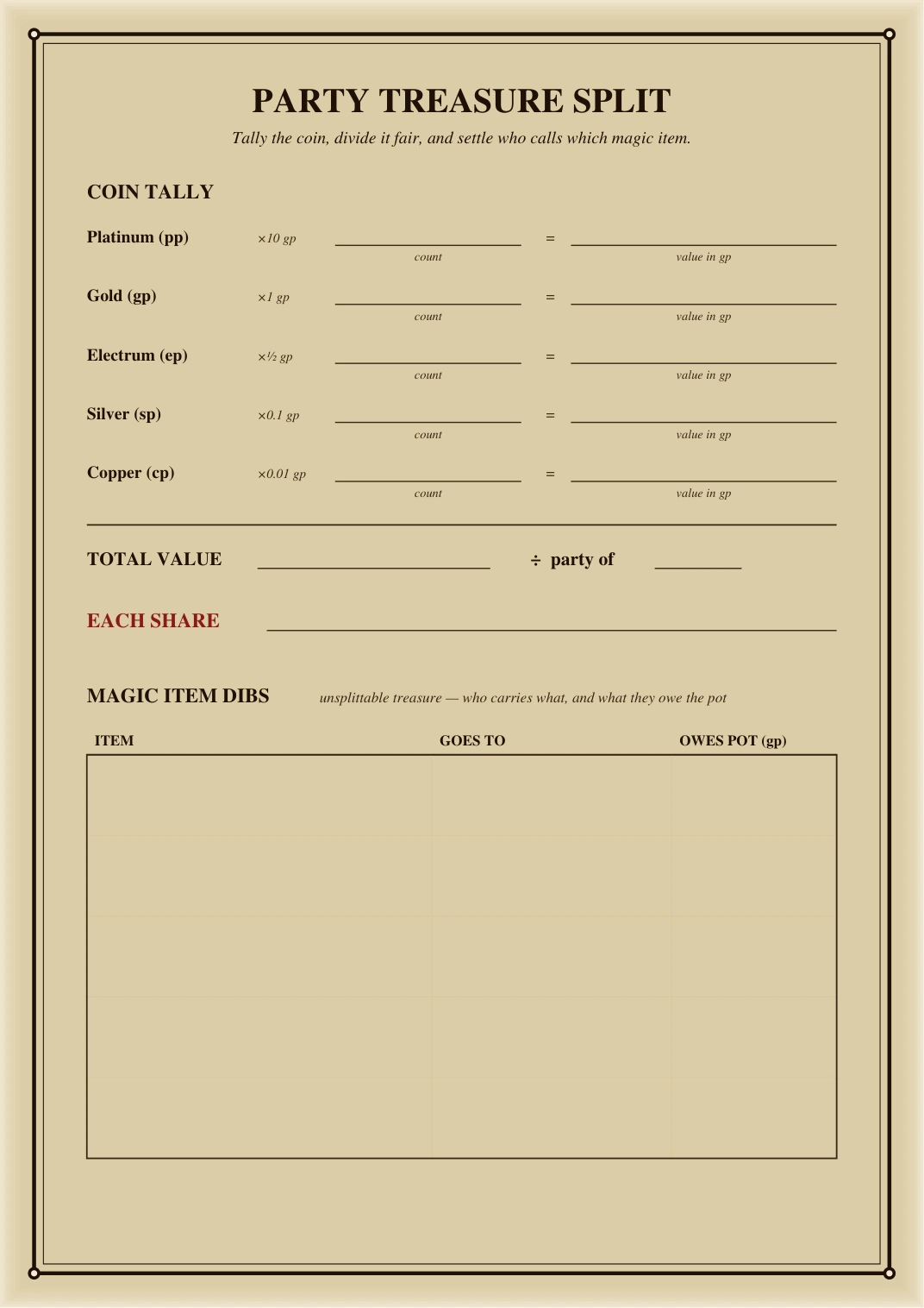DnD Encounter and Loot Tracker Printable — Preview page 3