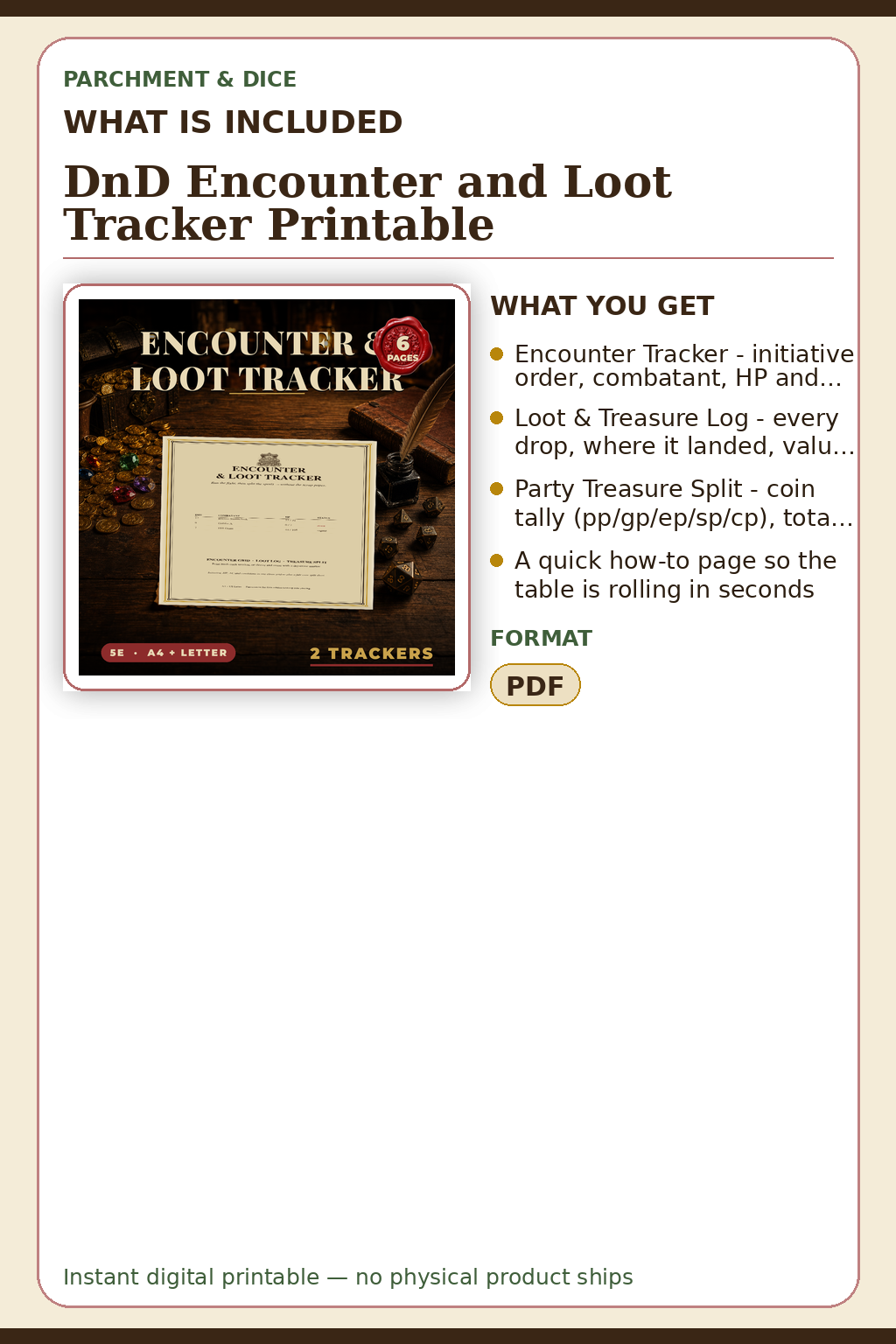 DnD Encounter and Loot Tracker Printable — What is included