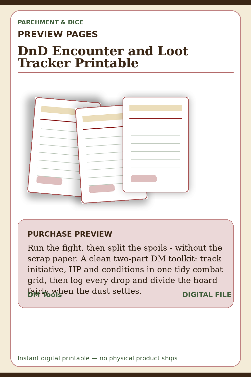 DnD Encounter and Loot Tracker Printable — Encounter Loot Tracker Preview Pages