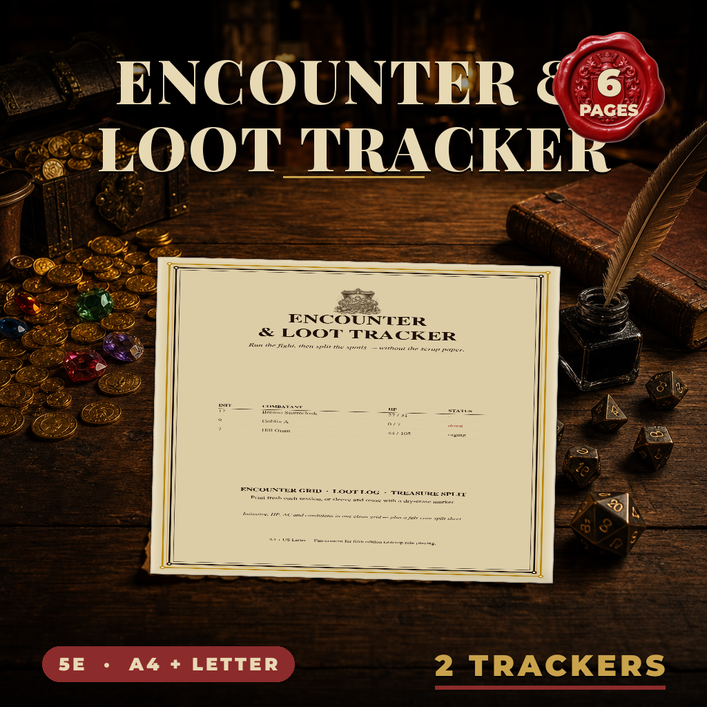 DnD Encounter and Loot Tracker Printable — Initiative + treasure-split combat tracker