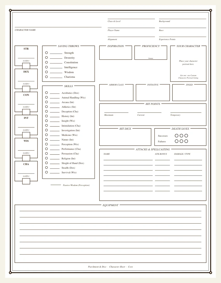 The free core character sheet: ability scores, saving throws, skills, hit points, attacks and equipment