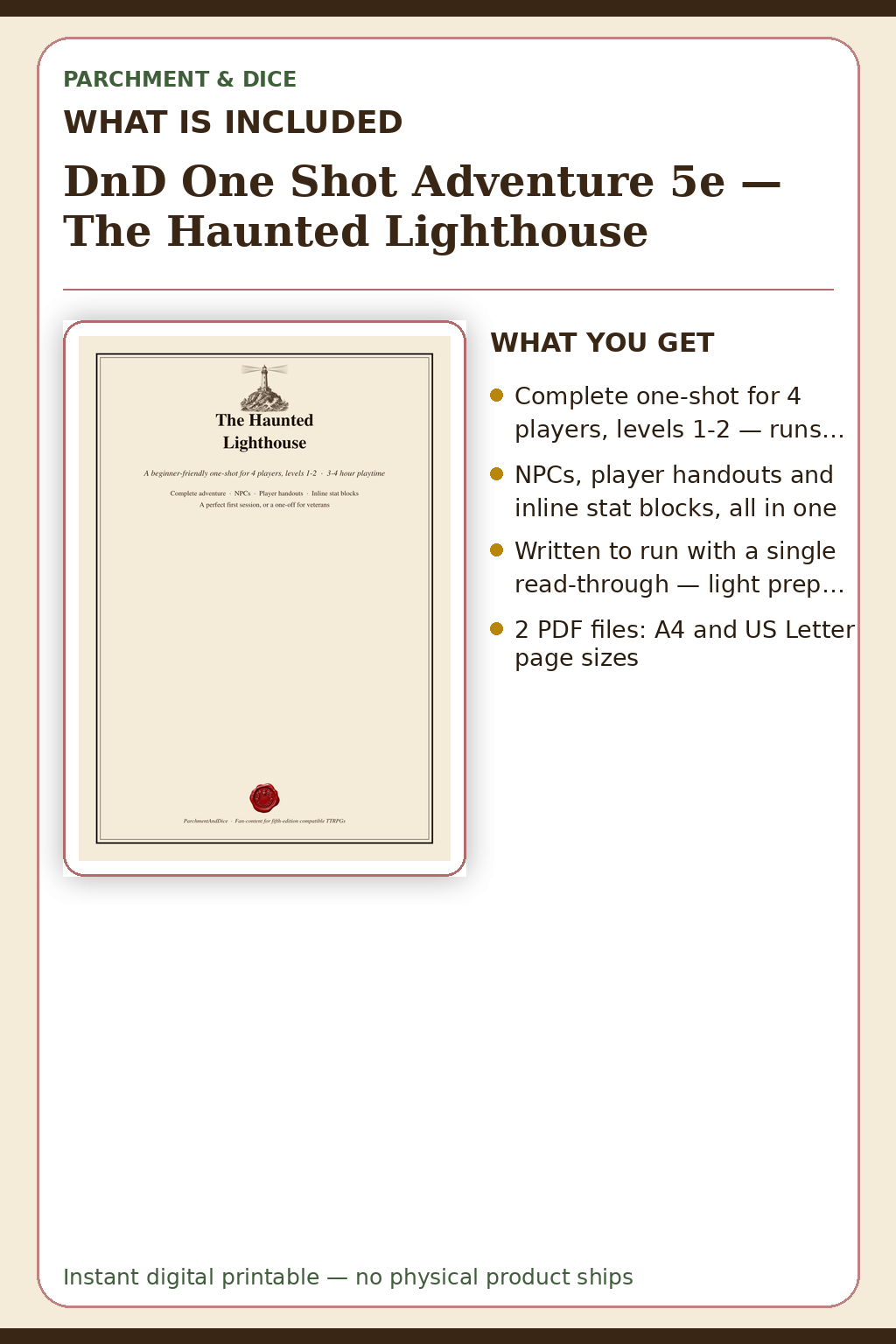 DnD One Shot Adventure 5e — The Haunted Lighthouse — What is included