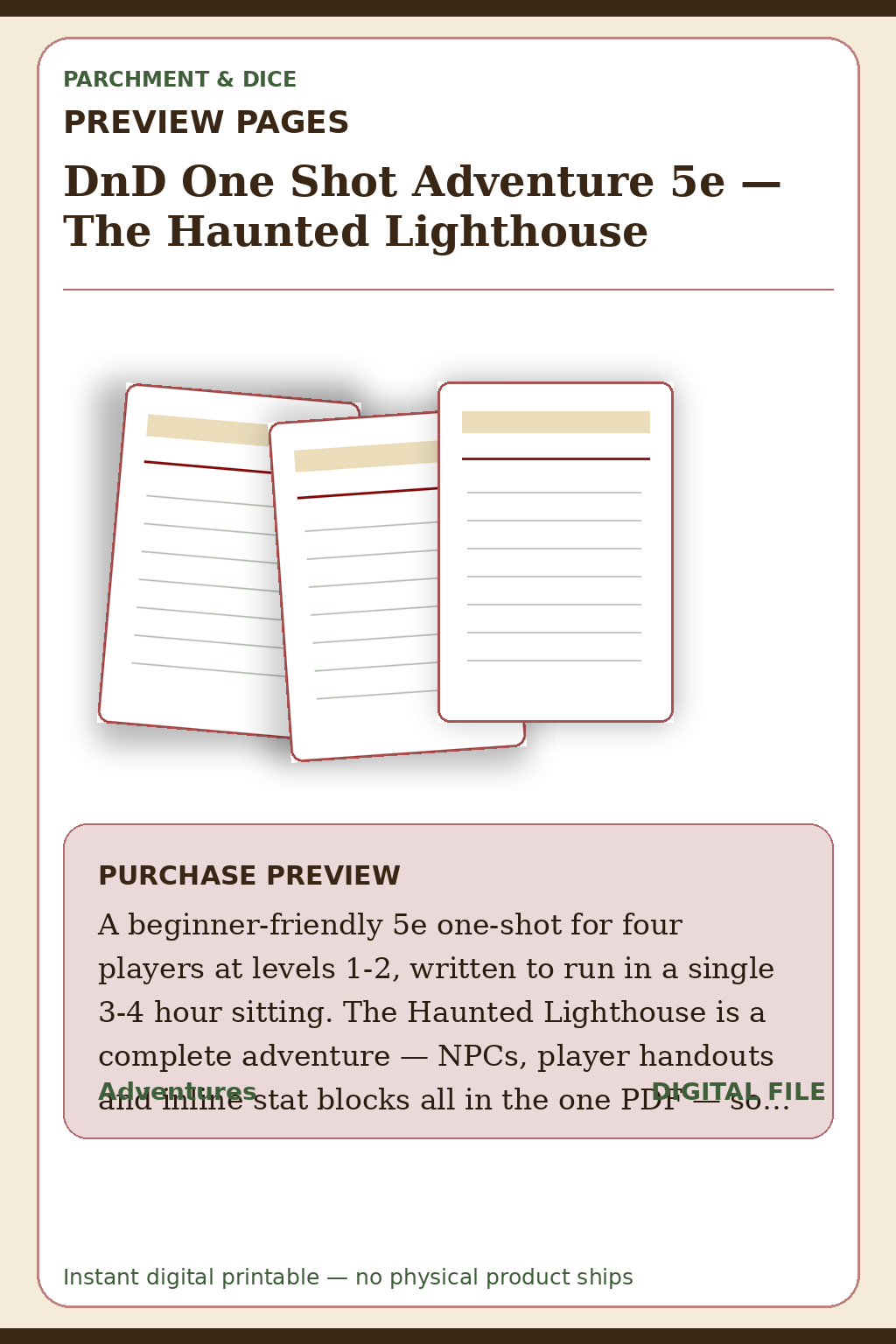 DnD One Shot Adventure 5e — The Haunted Lighthouse — Haunted Lighthouse Preview Pages