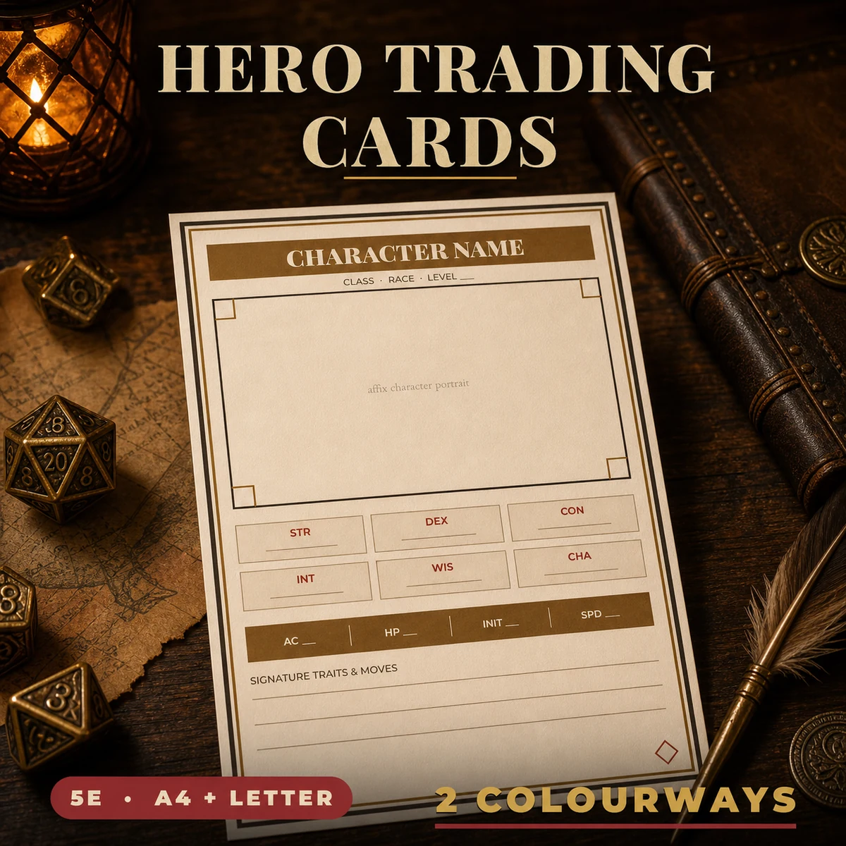Hero Trading Card Printable - Fillable D&D Character Card - RPG Party Reference - Custom Portrait Concept - Instant Download — Fillable D&D character card - RPG party reference - Custom portrait concept - Instant download