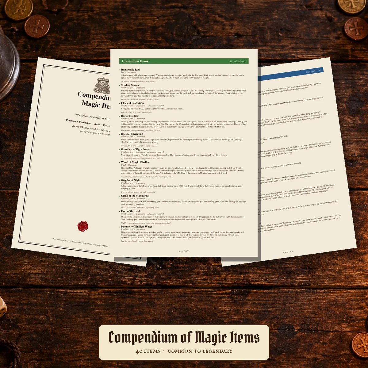 DnD Magic Items Printable 5e Compendium PDF — 40-item compendium across five rarities