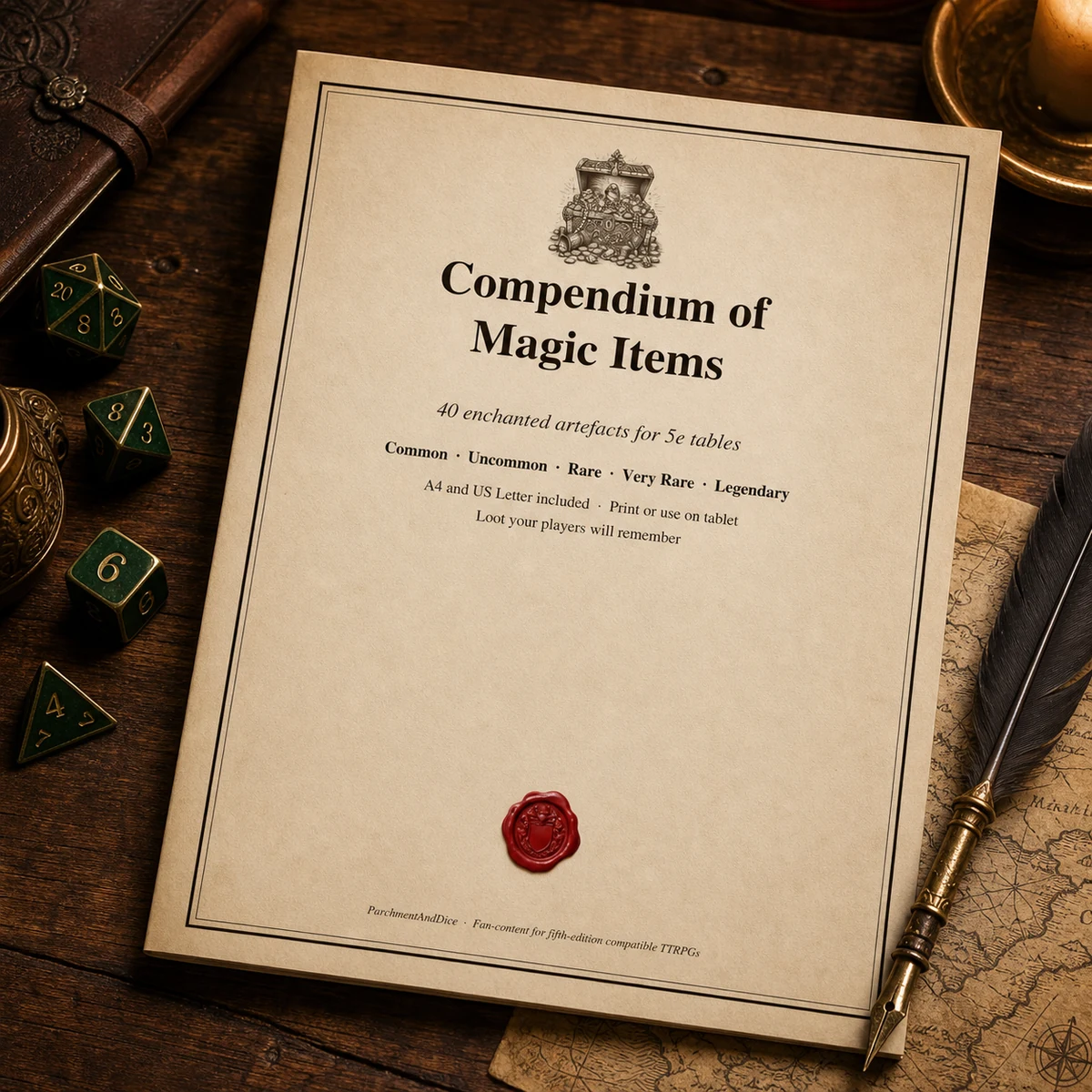 DnD Magic Items Printable 5e Compendium PDF — 40-item compendium across five rarities