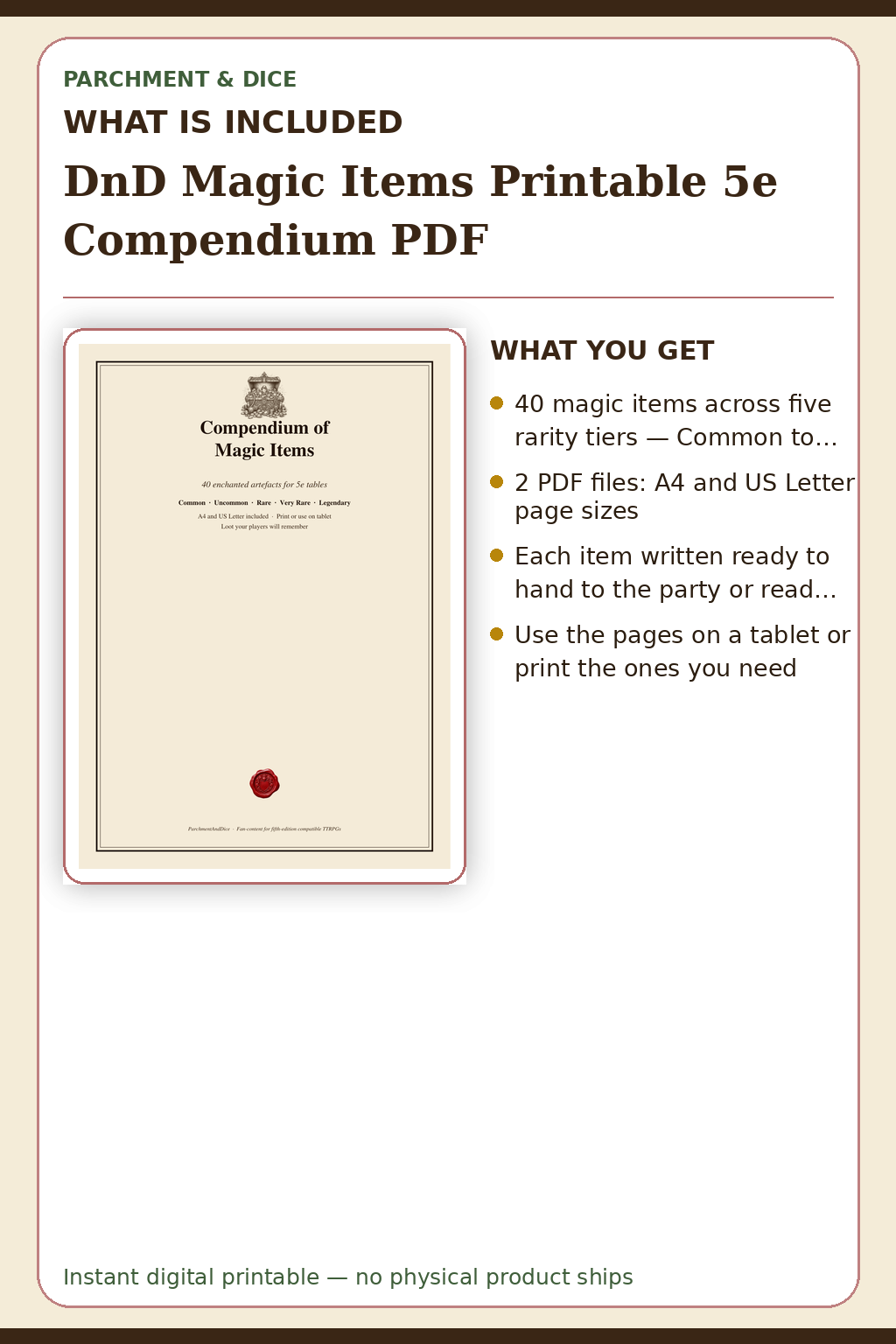 DnD Magic Items Printable 5e Compendium PDF — What is included