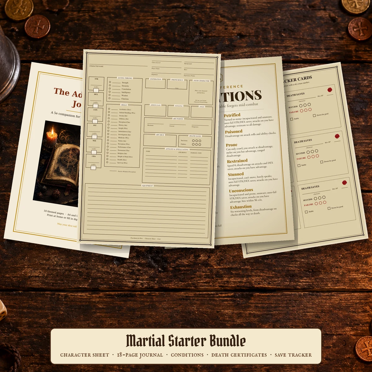 DnD Martial Player Starter Bundle 5e Printable PDF | Fighter Barbarian Rogue Monk | Character Sheet Journal Trackers No Spells — Fighter Barbarian Rogue Monk | Character Sheet Journal Trackers No Spells