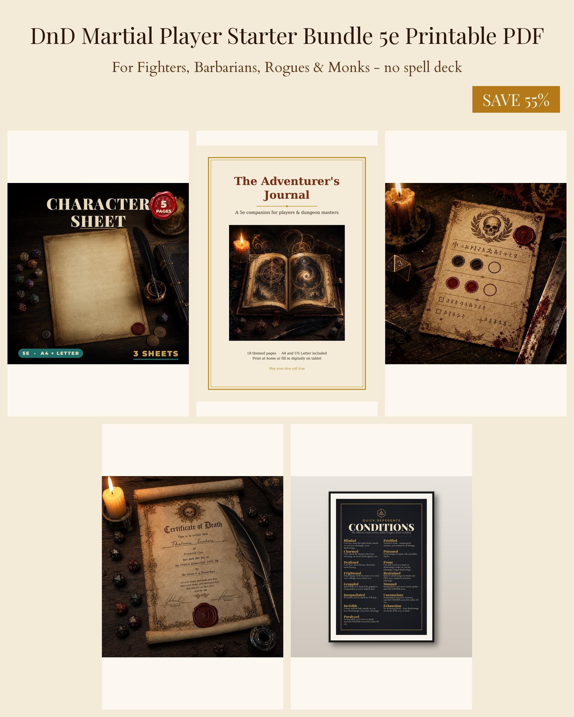 DnD Martial Player Starter Bundle 5e Printable PDF | Fighter Barbarian Rogue Monk | Character Sheet Journal Trackers No Spells — Fighter Barbarian Rogue Monk | Character Sheet Journal Trackers No Spells