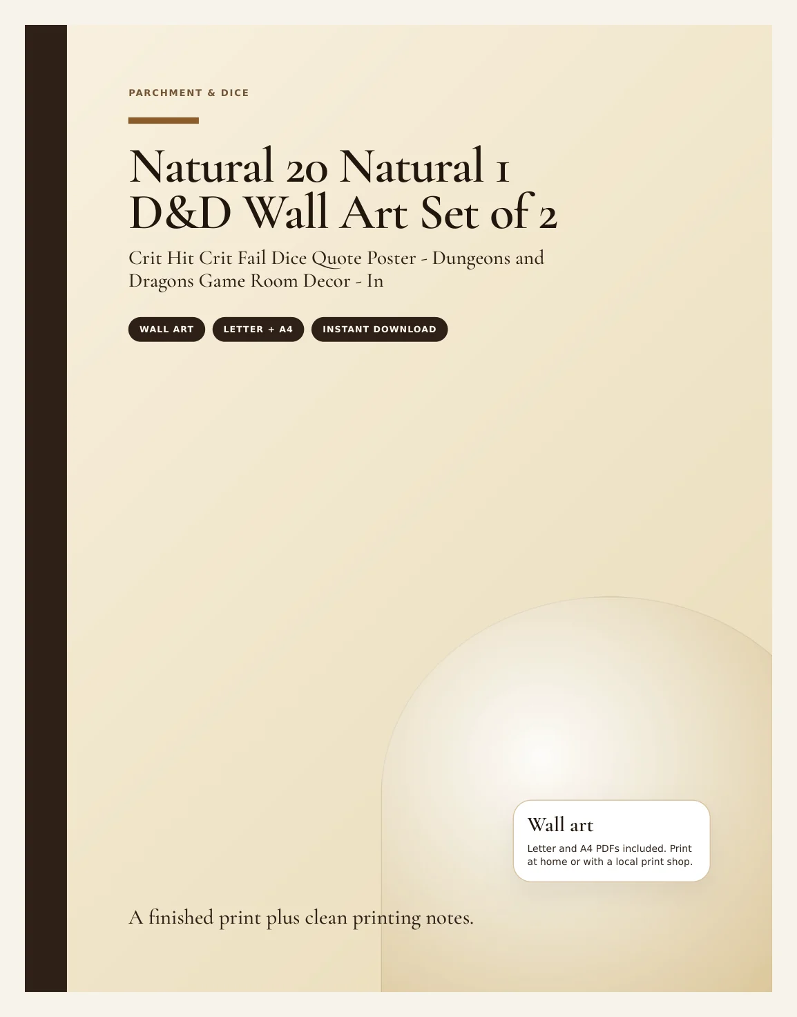 Natural 20 Natural 1 DnD Wall Art Set of 2 - Crit Hit Crit Fail Dice Quote Poster - Dungeons and Dragons Game Room Decor - Instant Download — Preview page 1