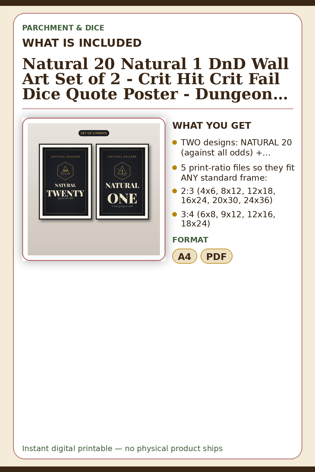 Natural 20 Natural 1 DnD Wall Art Set of 2 - Crit Hit Crit Fail Dice Quote Poster - Dungeons and Dragons Game Room Decor - Instant Download — What is included