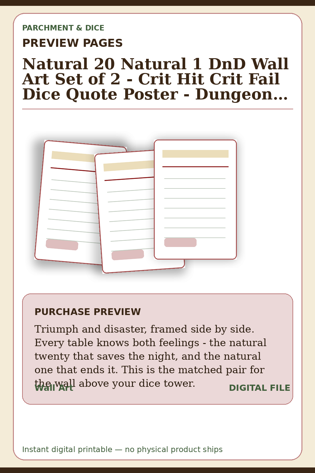 Natural 20 Natural 1 DnD Wall Art Set of 2 - Crit Hit Crit Fail Dice Quote Poster - Dungeons and Dragons Game Room Decor - Instant Download — Nat20 Nat1 Twinset Preview Pages